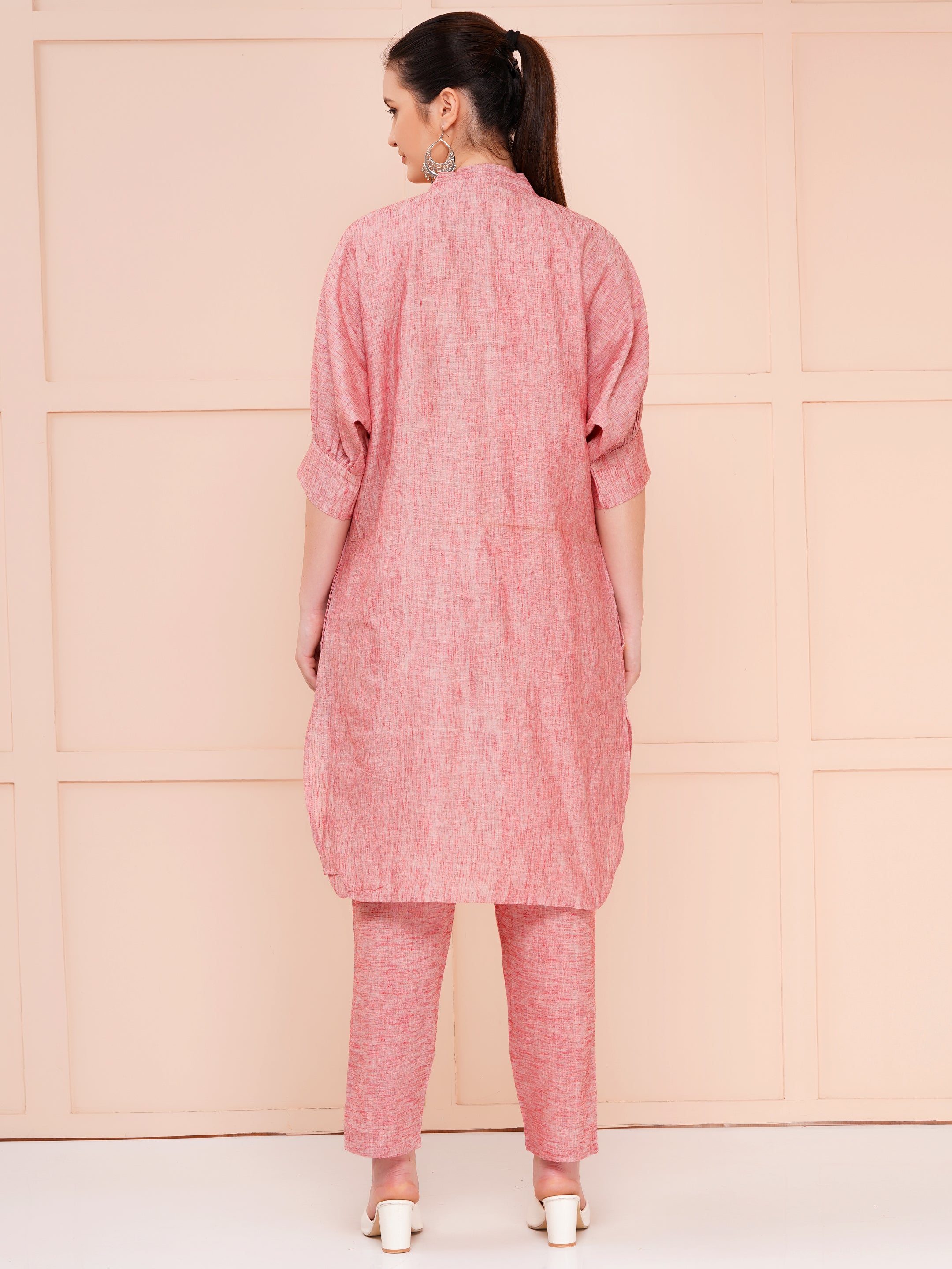 Light Coral Yarn Dyed Over Size Co-ord Set For Woman| Long Kurta with Narrow Hem Pant