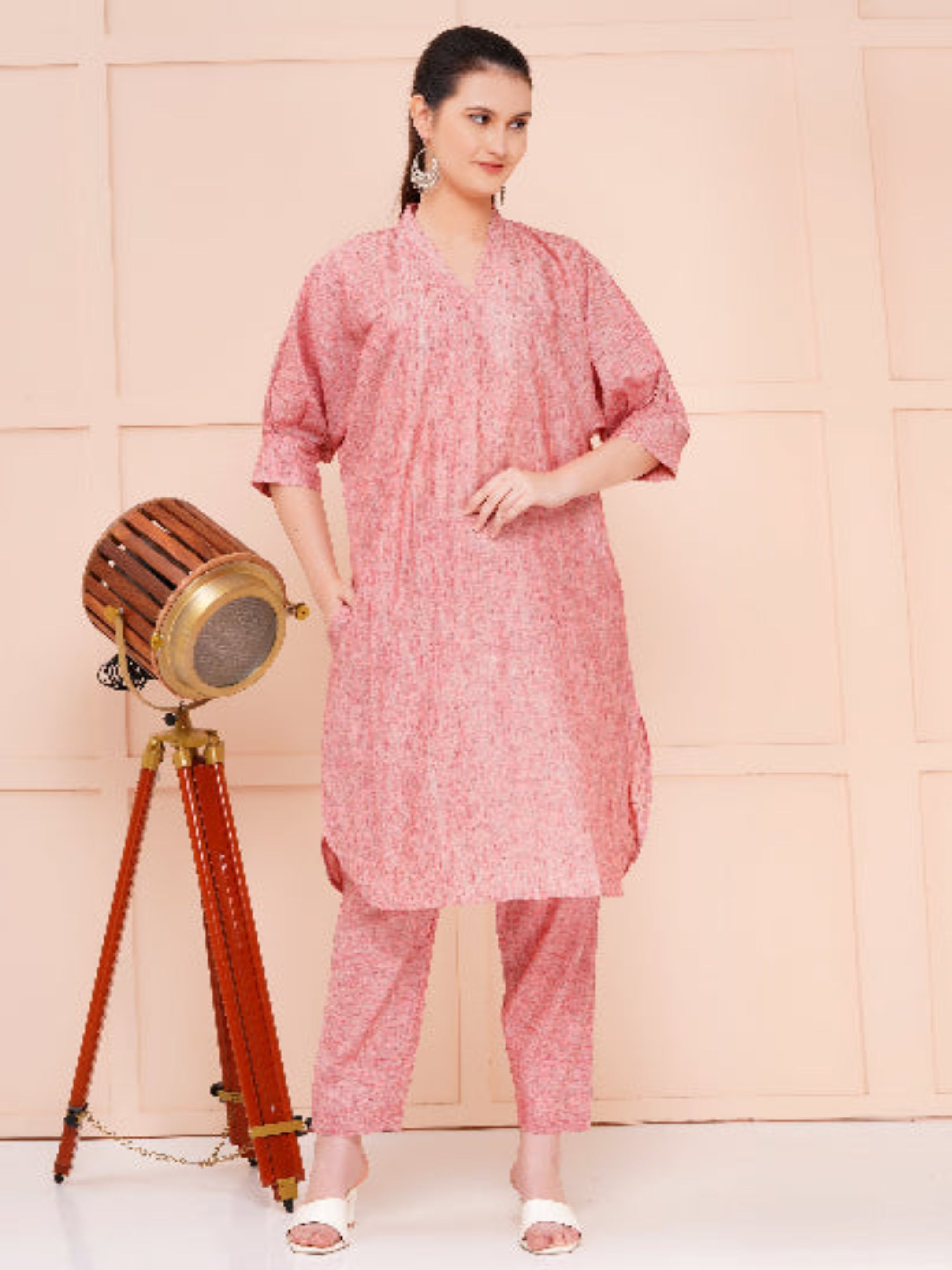 Light Coral Yarn Dyed Over Size Co-ord Set for woman