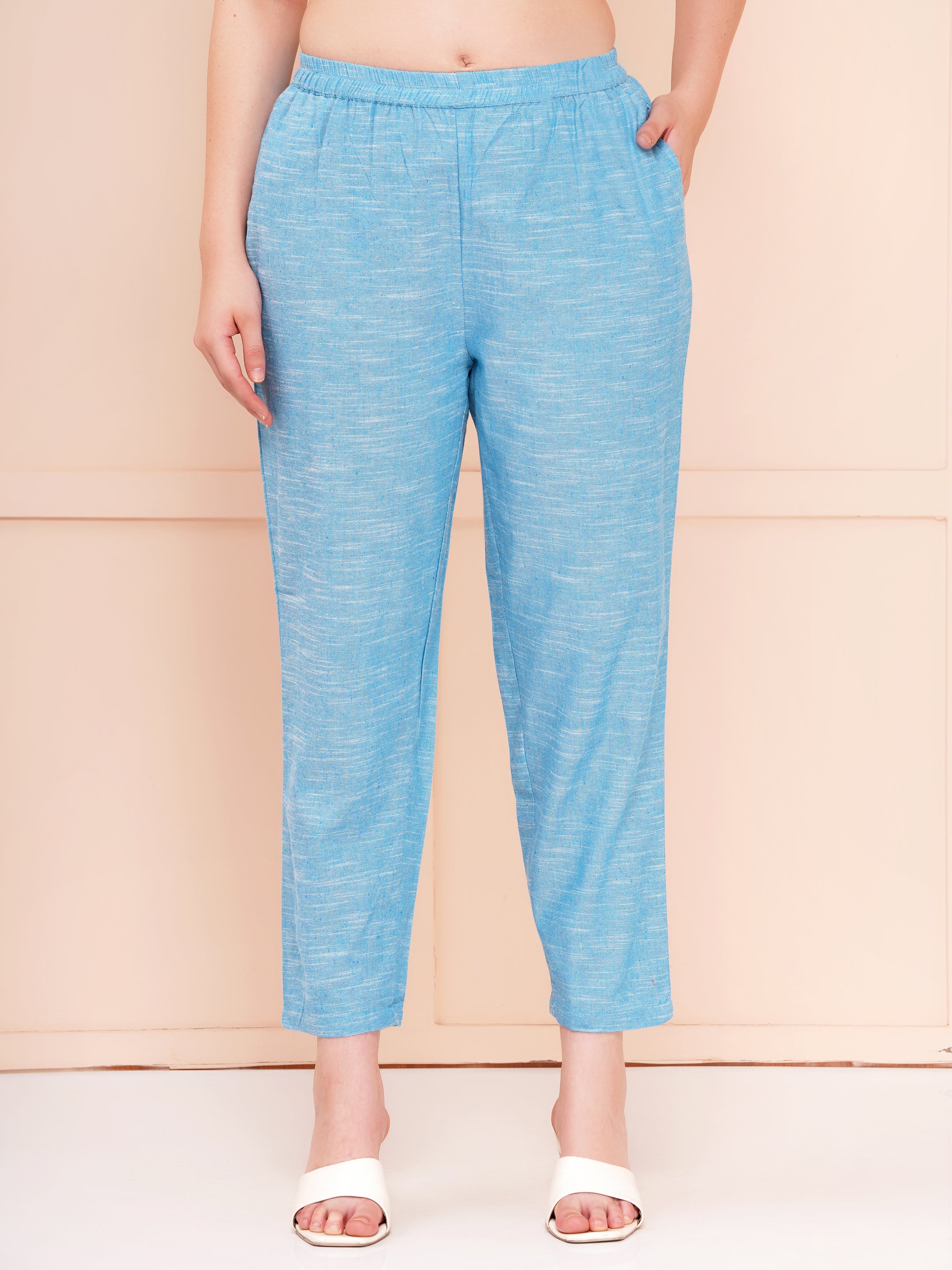 Capri Blue Yarn Dyed Over Size Co-ord Set For Woman | Long Kurta with Narrow Hem Pant