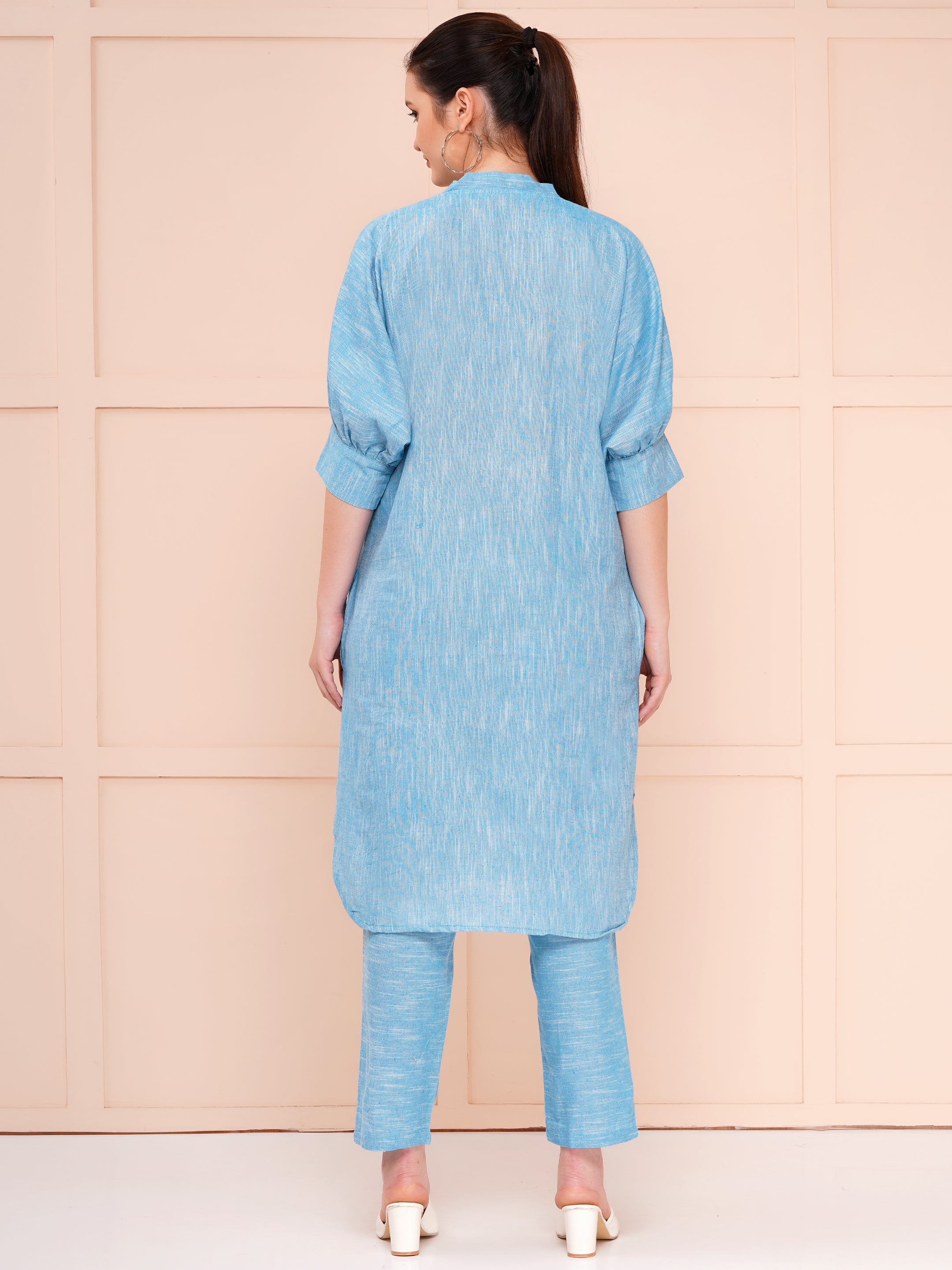 Capri Blue Yarn Dyed Over Size Co-ord Set For Woman | Long Kurta with Narrow Hem Pant