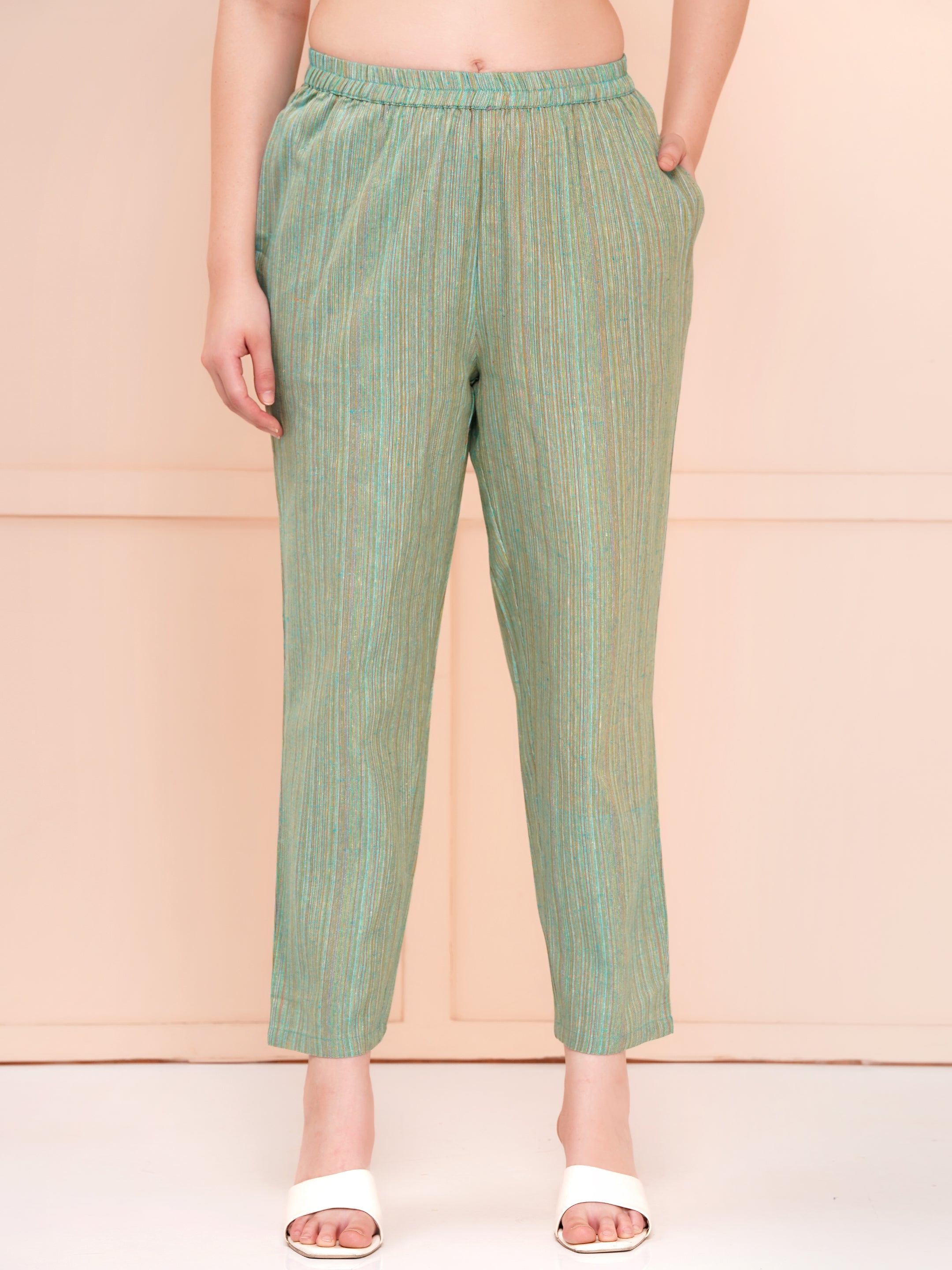 Bud Green Yarn Dyed Over Size Co-ord Set For Woman | Long Kurta with Narrow Hem Pant