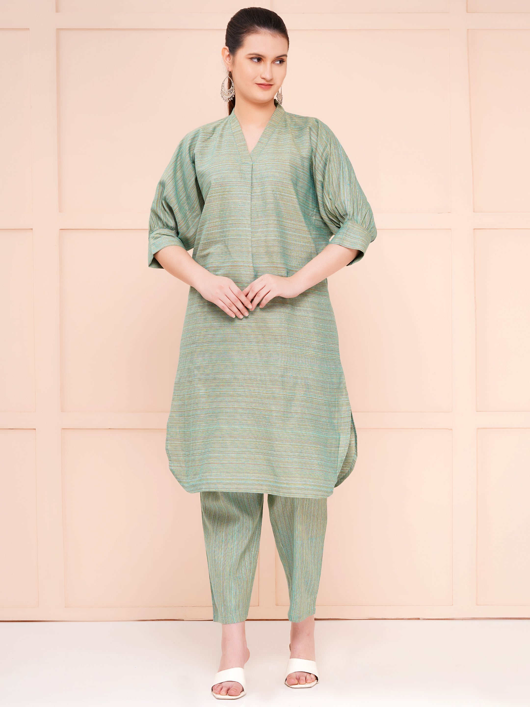 Bud Green Yarn Dyed Over Size Co-ord Set For Woman | Long Kurta with Narrow Hem Pant