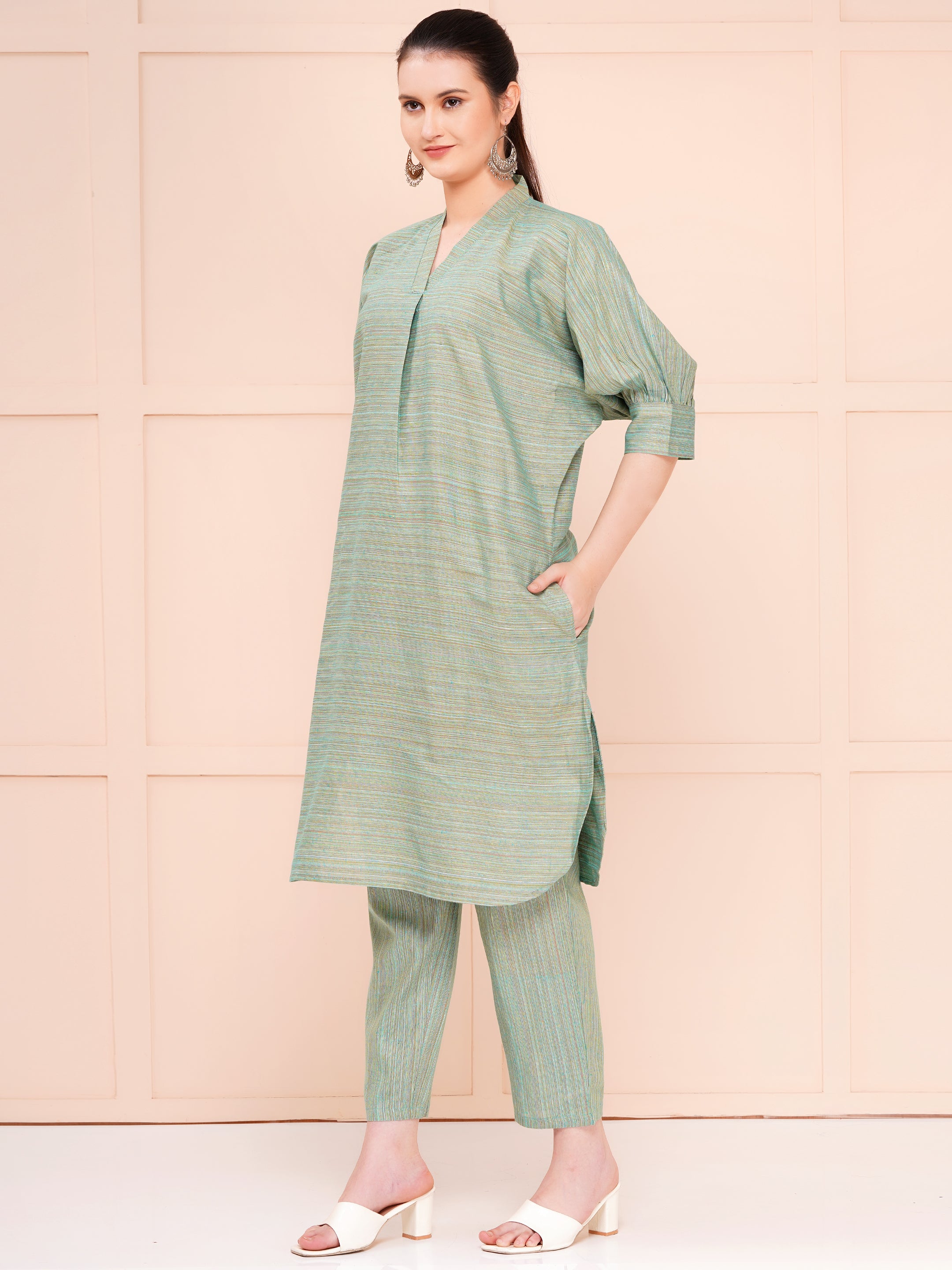 Bud Green Yarn Dyed Over Size Co-ord Set For Woman | Long Kurta with Narrow Hem Pant