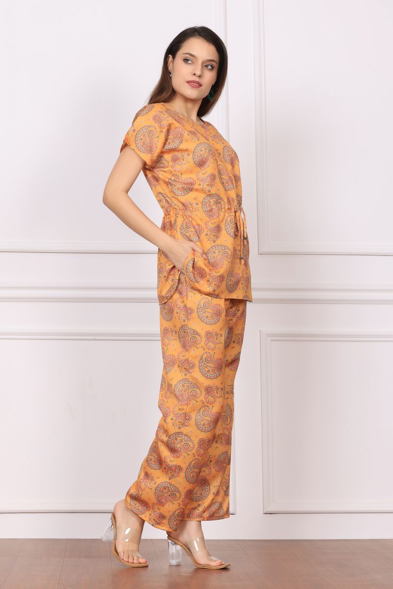 cinched tunic top & palazzo co-ord set for women arabic boota print