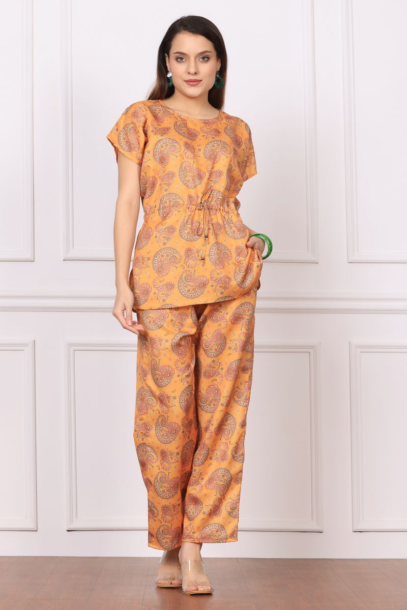 cinched tunic top & palazzo co-ord set for women arabic boota print