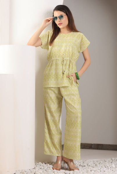 cinched tunic top & palazzo co-ord set for women Ikkat print