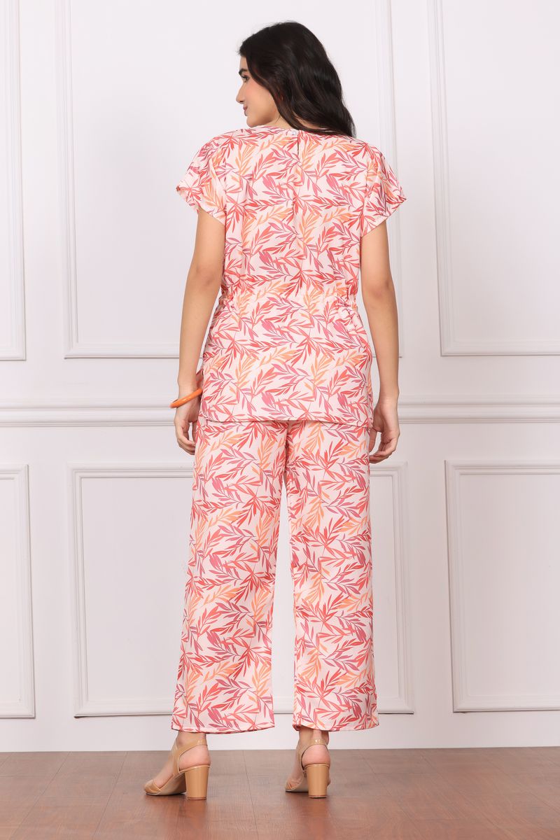 cinched tunic top & palazzo co-ord set for women leaf print