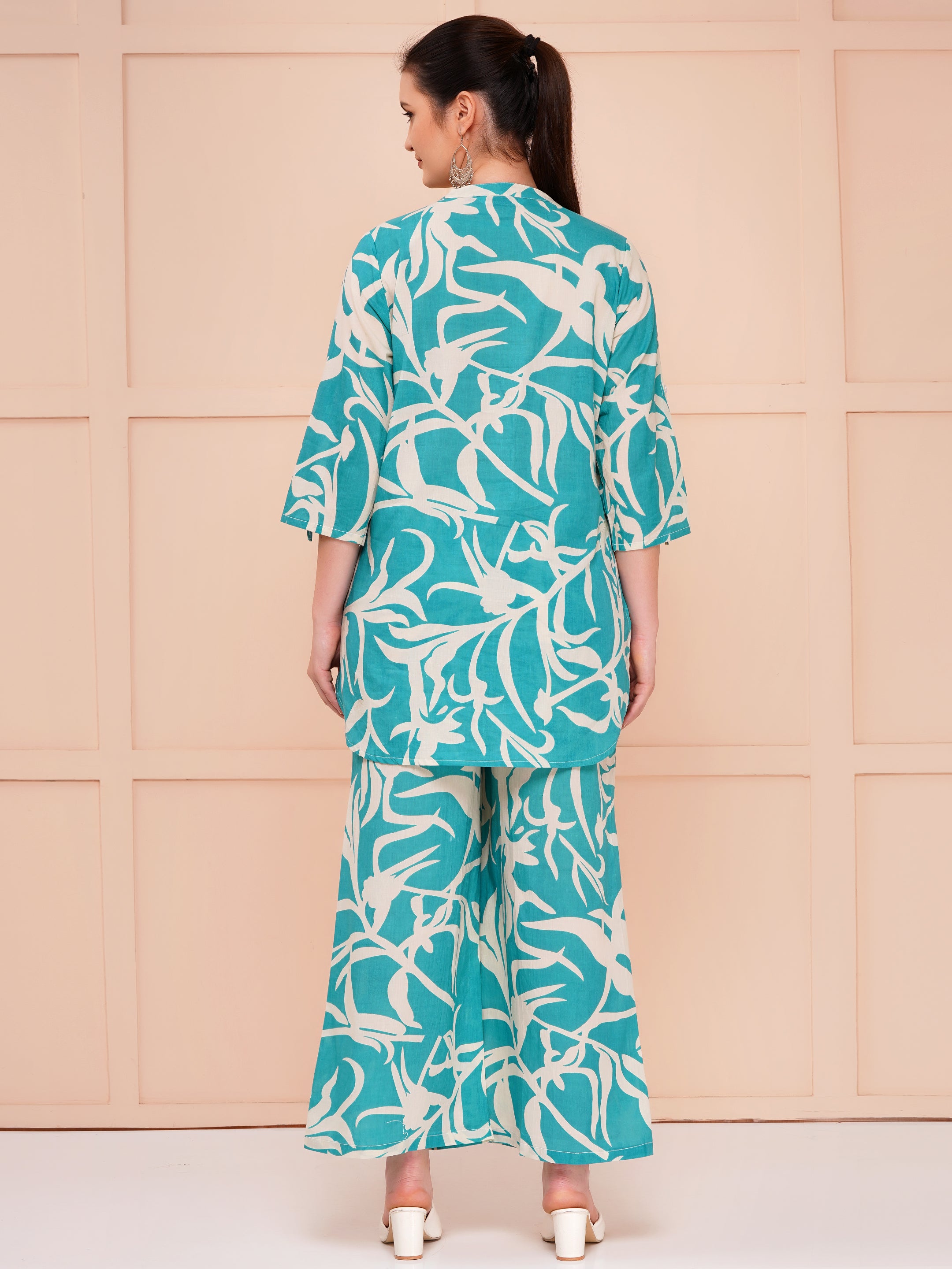 cotton printed co-ord sets for women aqua blue color