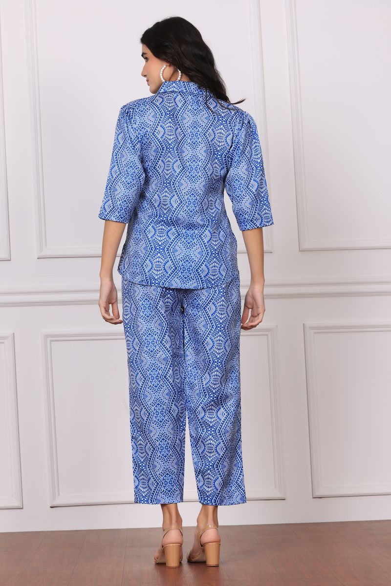 Low high collared shirt & pyjama co-ord set for women geometrical print