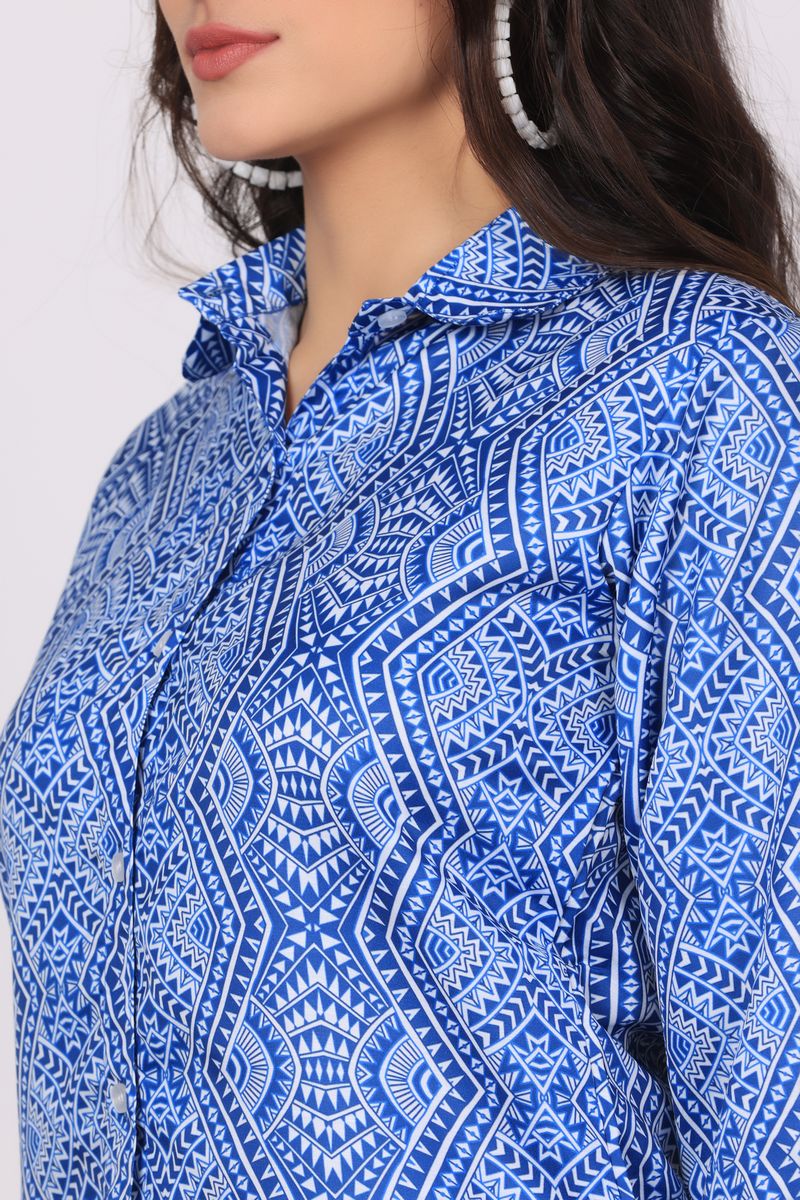 Low high collared shirt & pyjama co-ord set for women geometrical print
