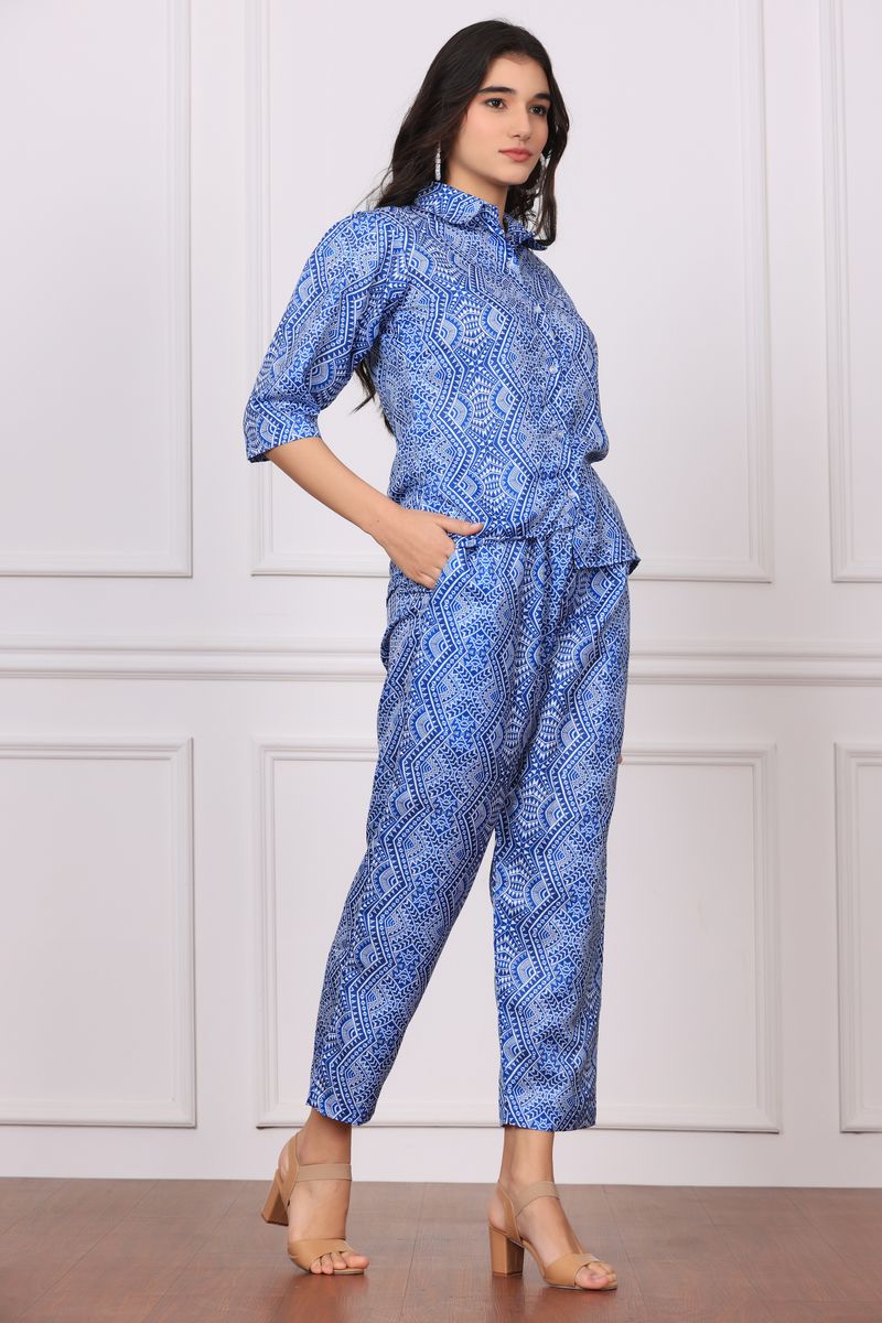 Low high collared shirt & pyjama co-ord set for women geometrical print