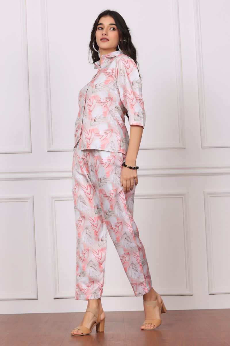 Low high collared shirt & pyjama co-ord set for women leaf print