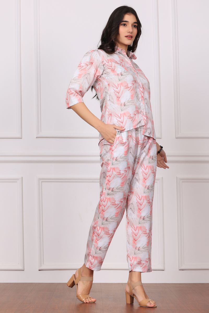 Low high collared shirt & pyjama co-ord set for women leaf print