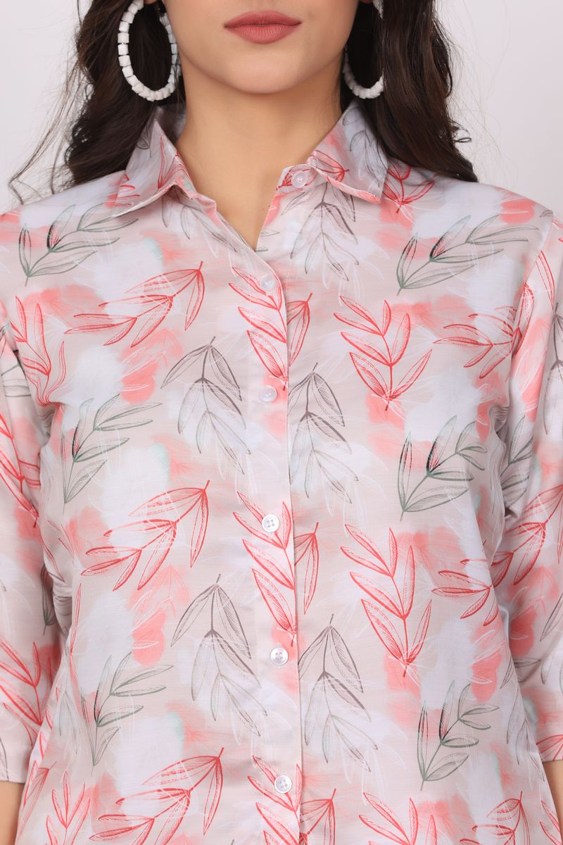 Low high collared shirt & pyjama co-ord set for women leaf print