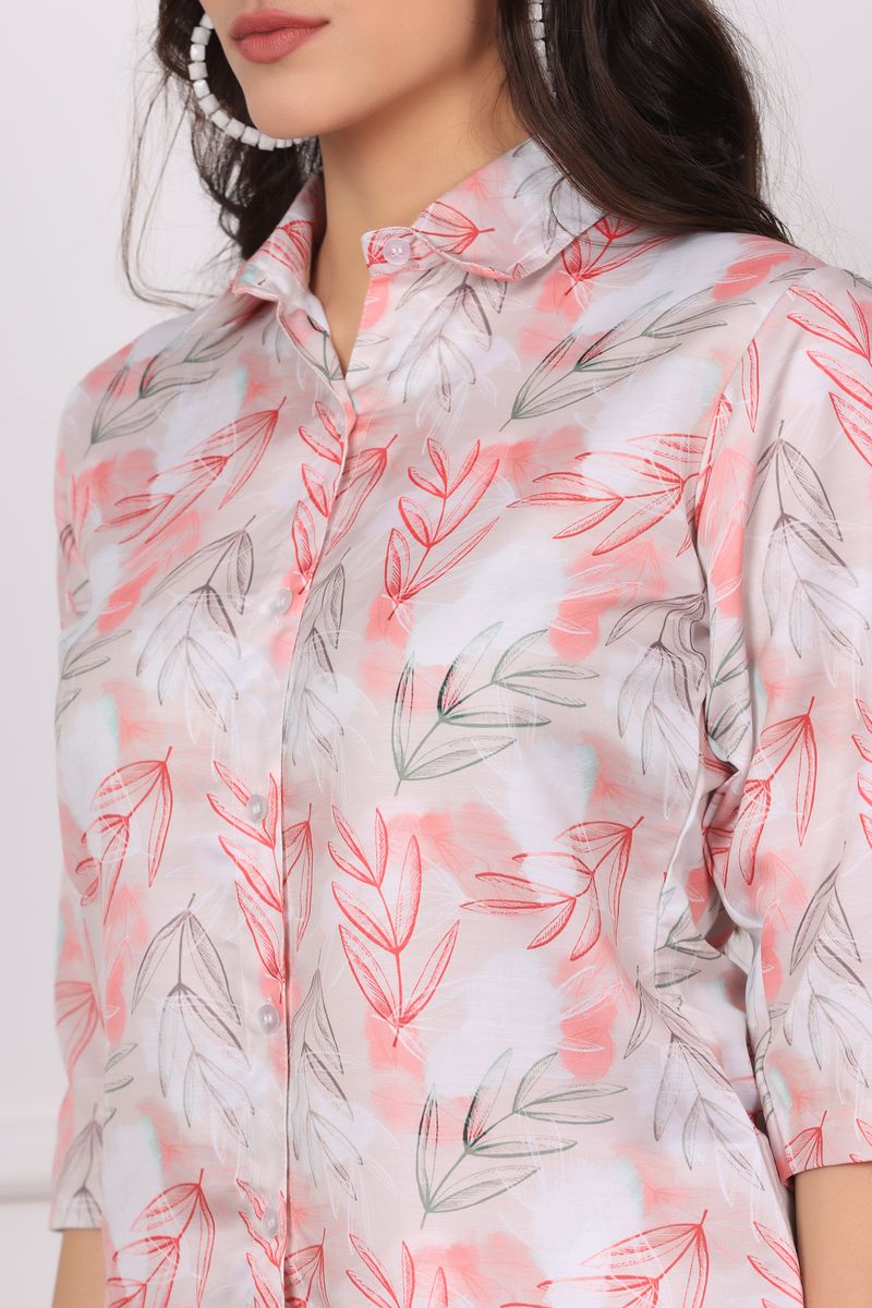 Low high collared shirt & pyjama co-ord set for women leaf print
