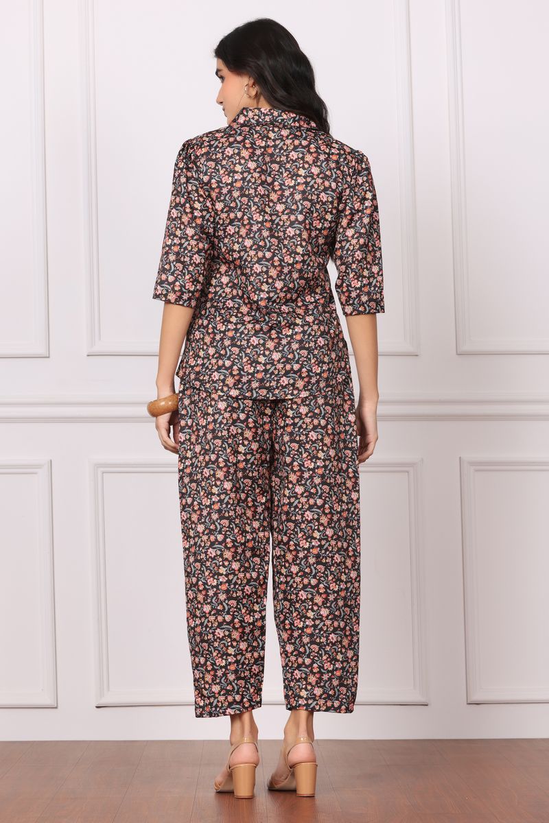 Low high collared shirt & pyjama co-ord set for women flora print