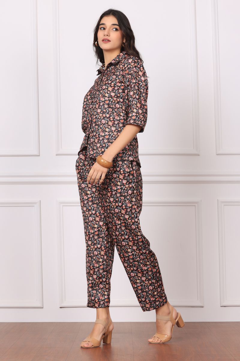 Low high collared shirt & pyjama co-ord set for women flora print