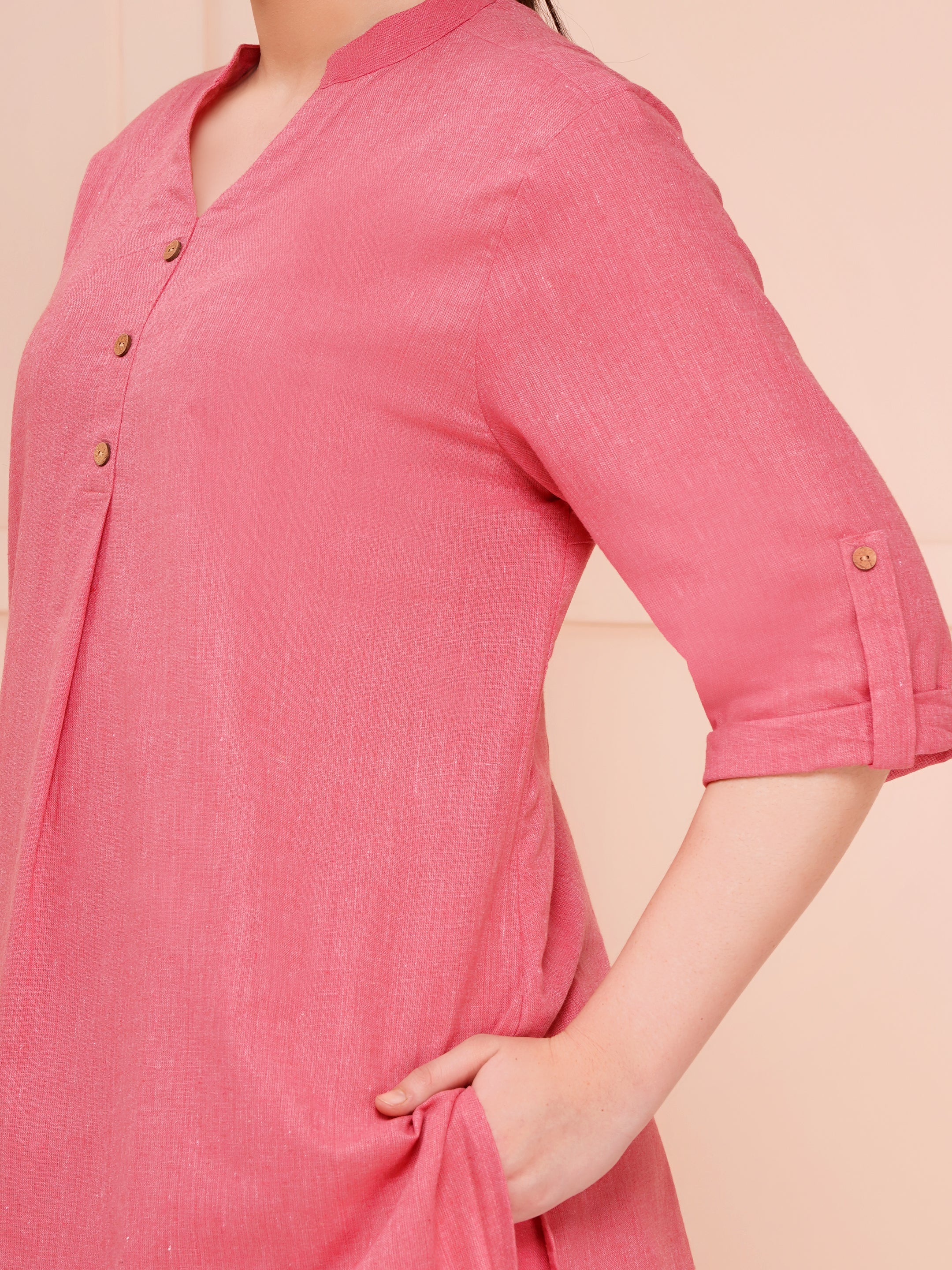 mandarin collar cotton flax co-ord sets for women dark pink color