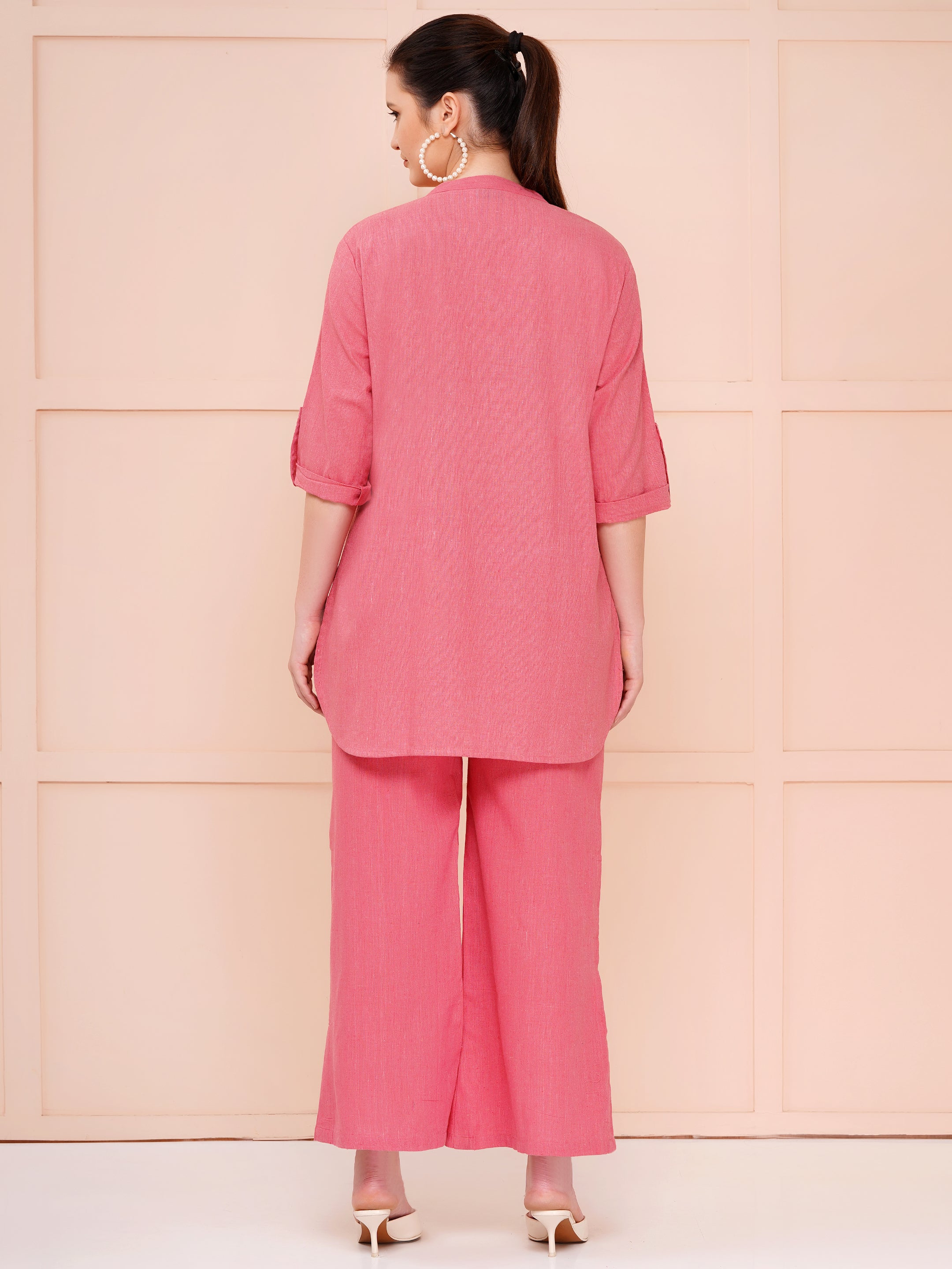 mandarin collar cotton flax co-ord sets for women dark pink color
