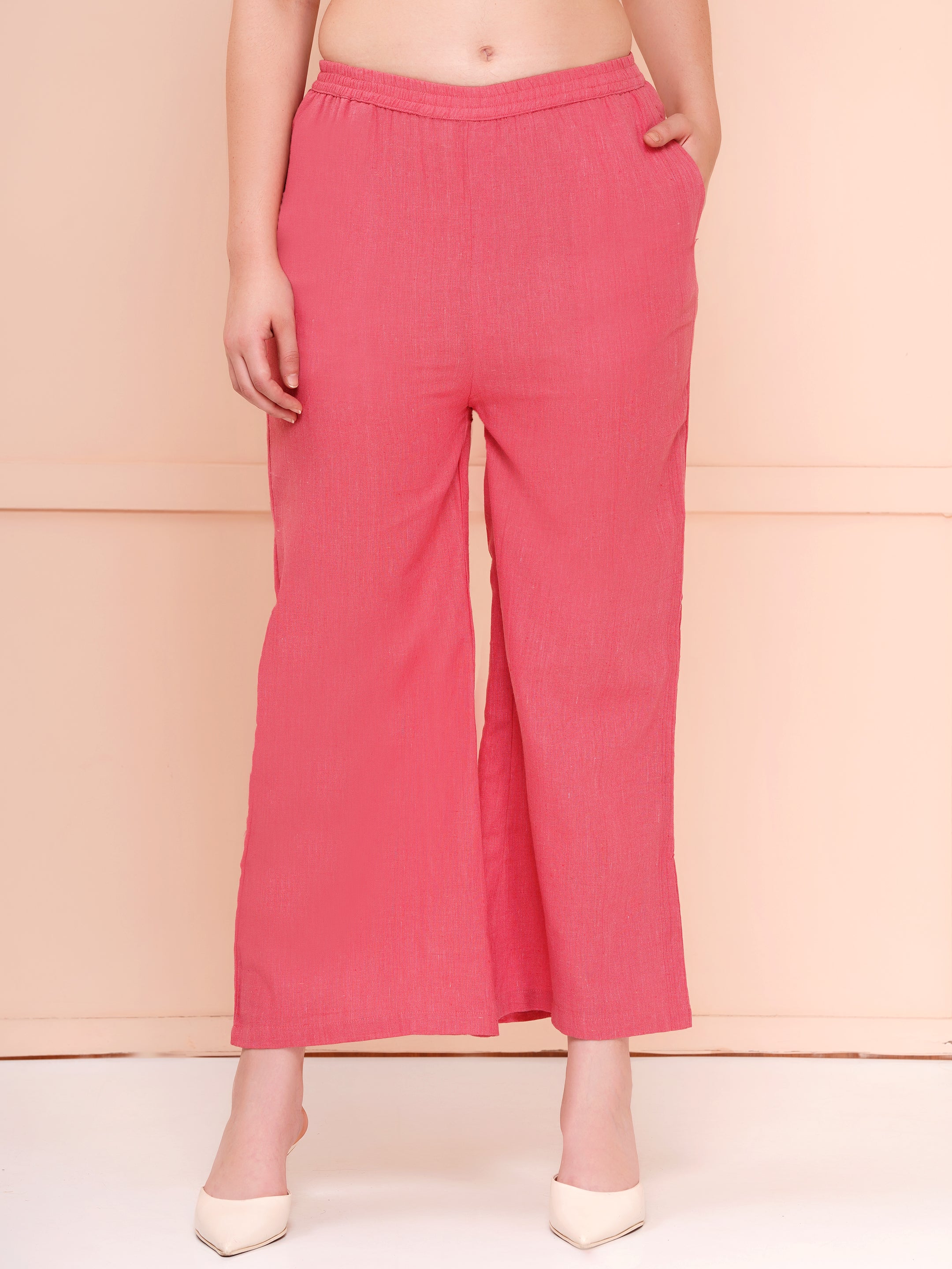 mandarin collar cotton flax co-ord sets for women dark pink color