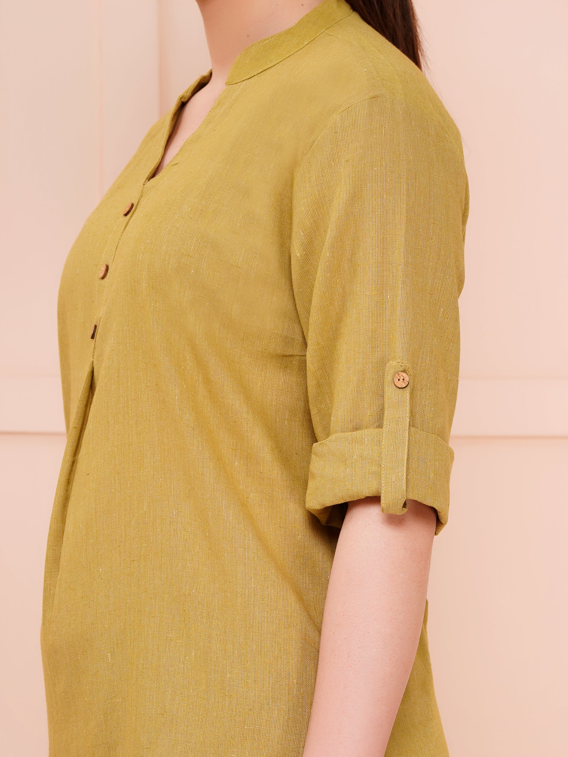 mandarin collar cotton flax co-ord sets for women olive green color