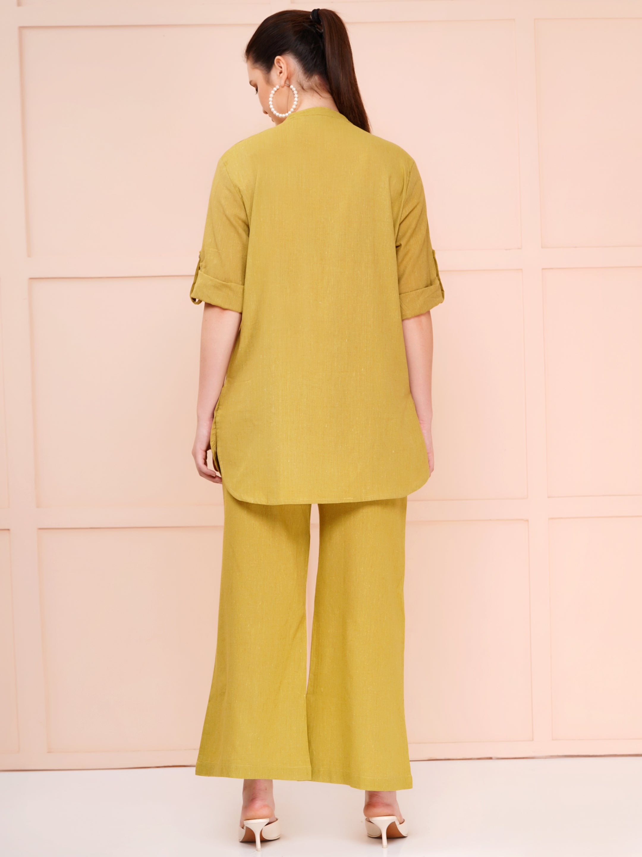 mandarin collar cotton flax co-ord sets for women olive green color