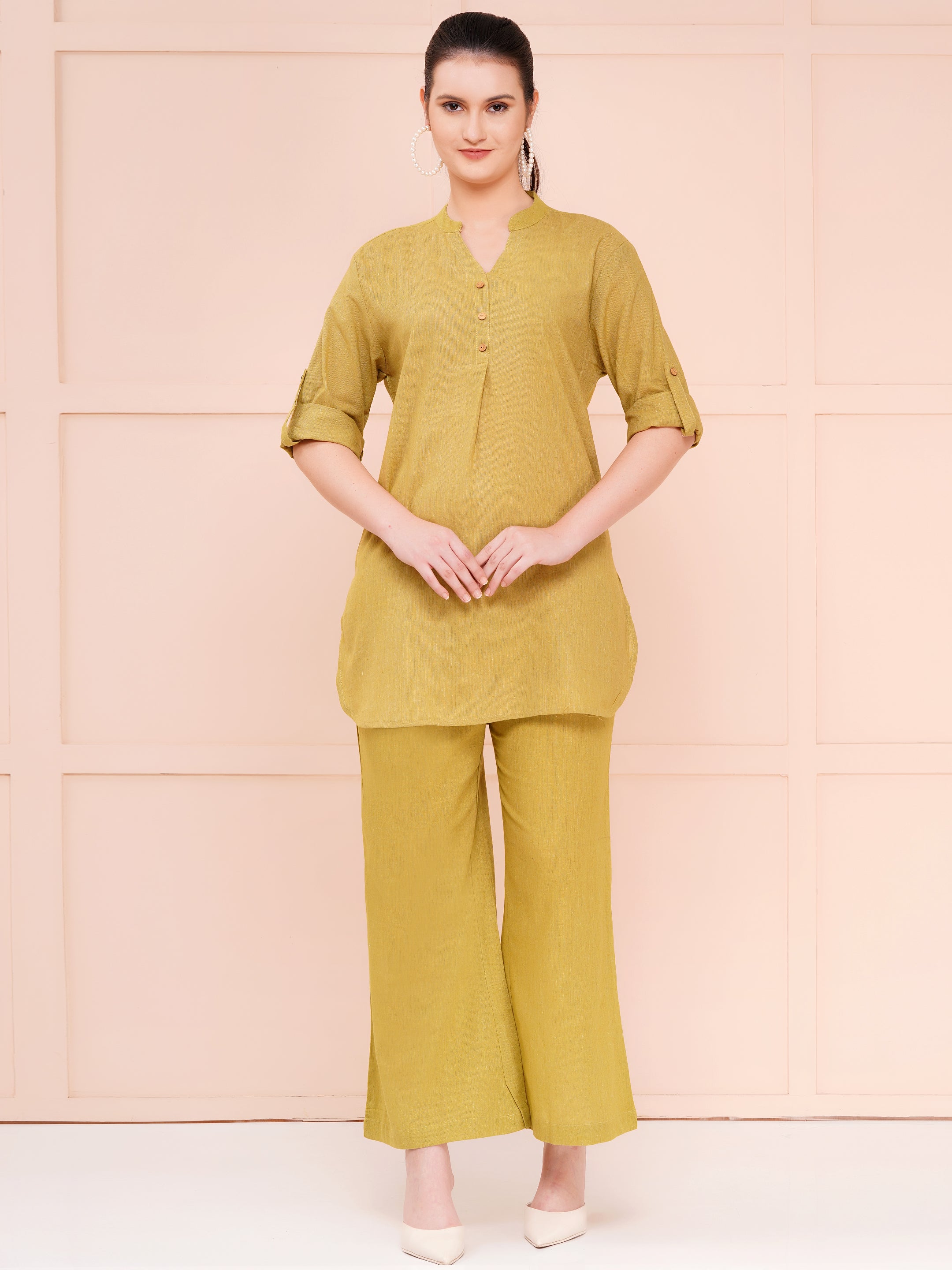 mandarin collar cotton flax co-ord sets for women olive green color