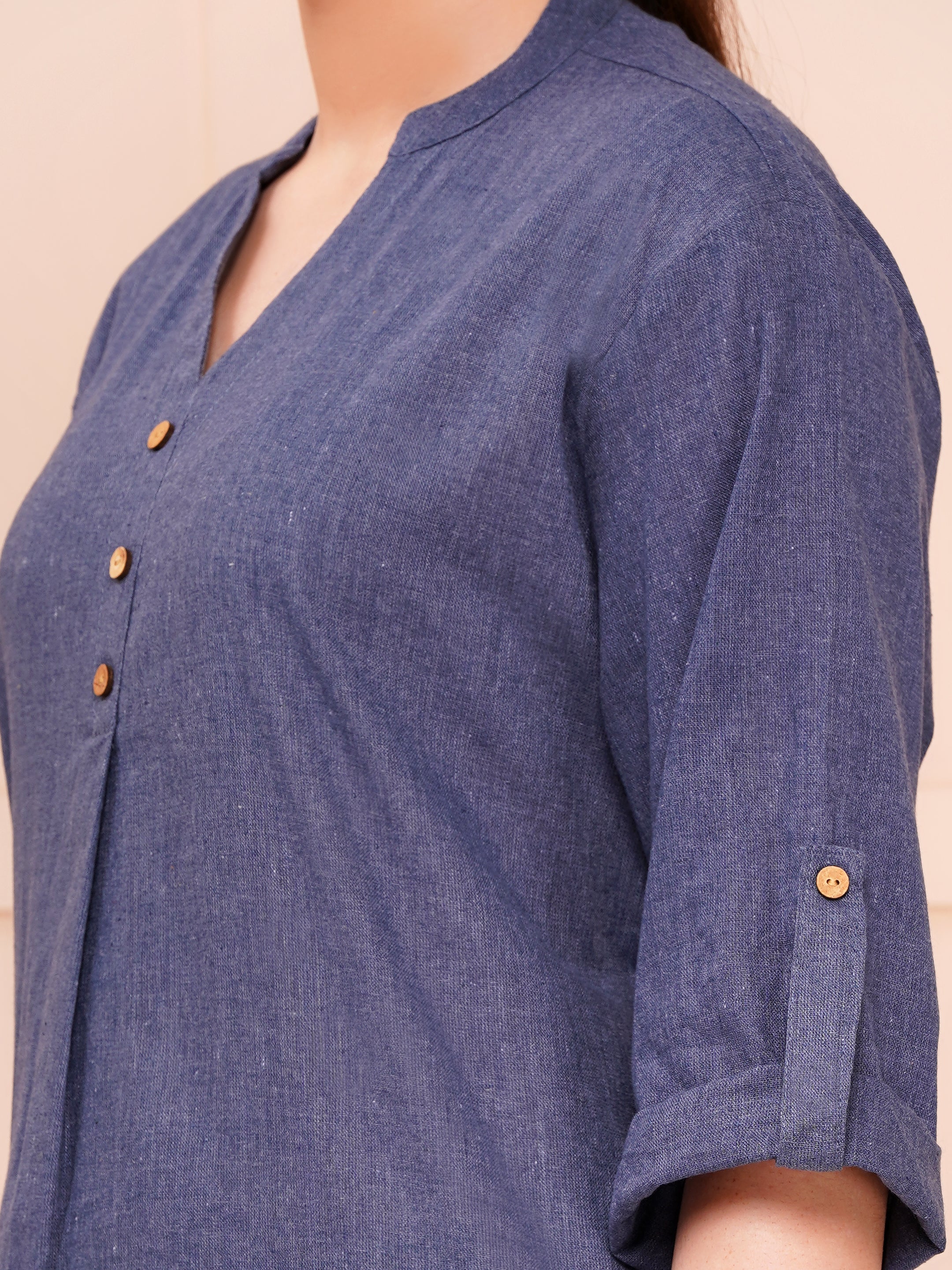 Mandarin collar cotton flax co-ord sets for women grey color