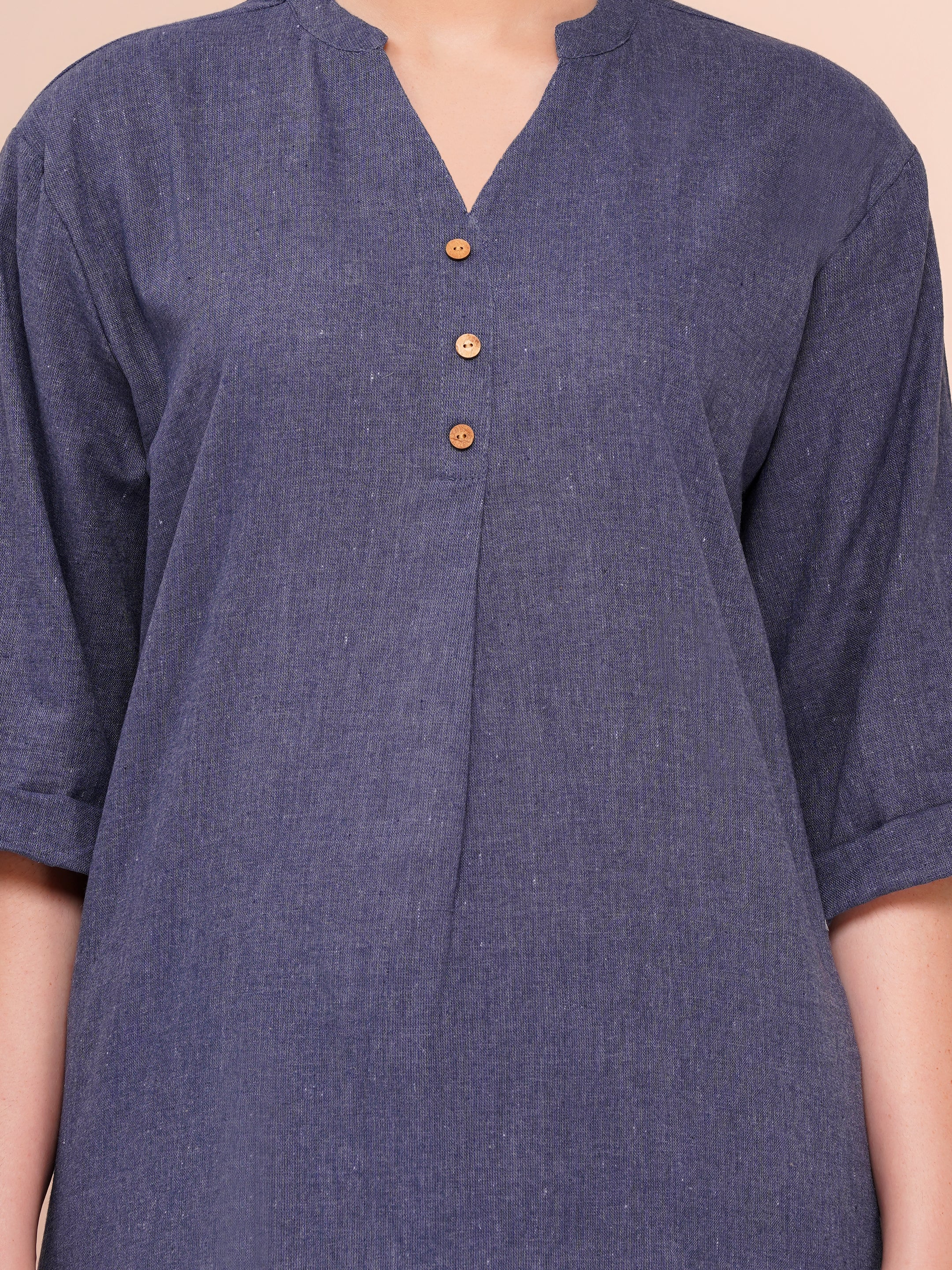 Mandarin collar cotton flax co-ord sets for women grey color