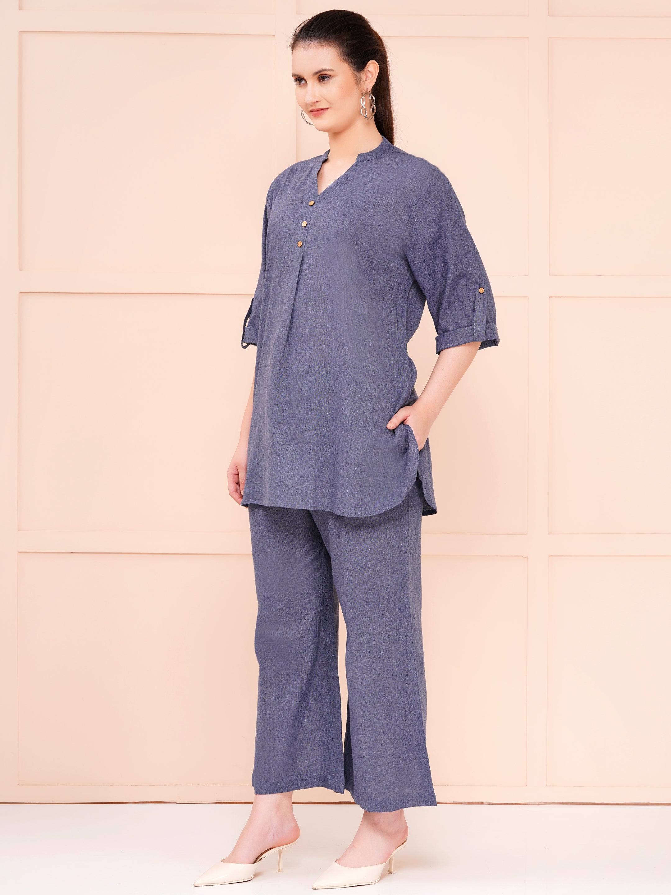Mandarin collar cotton flax co-ord sets for women grey color