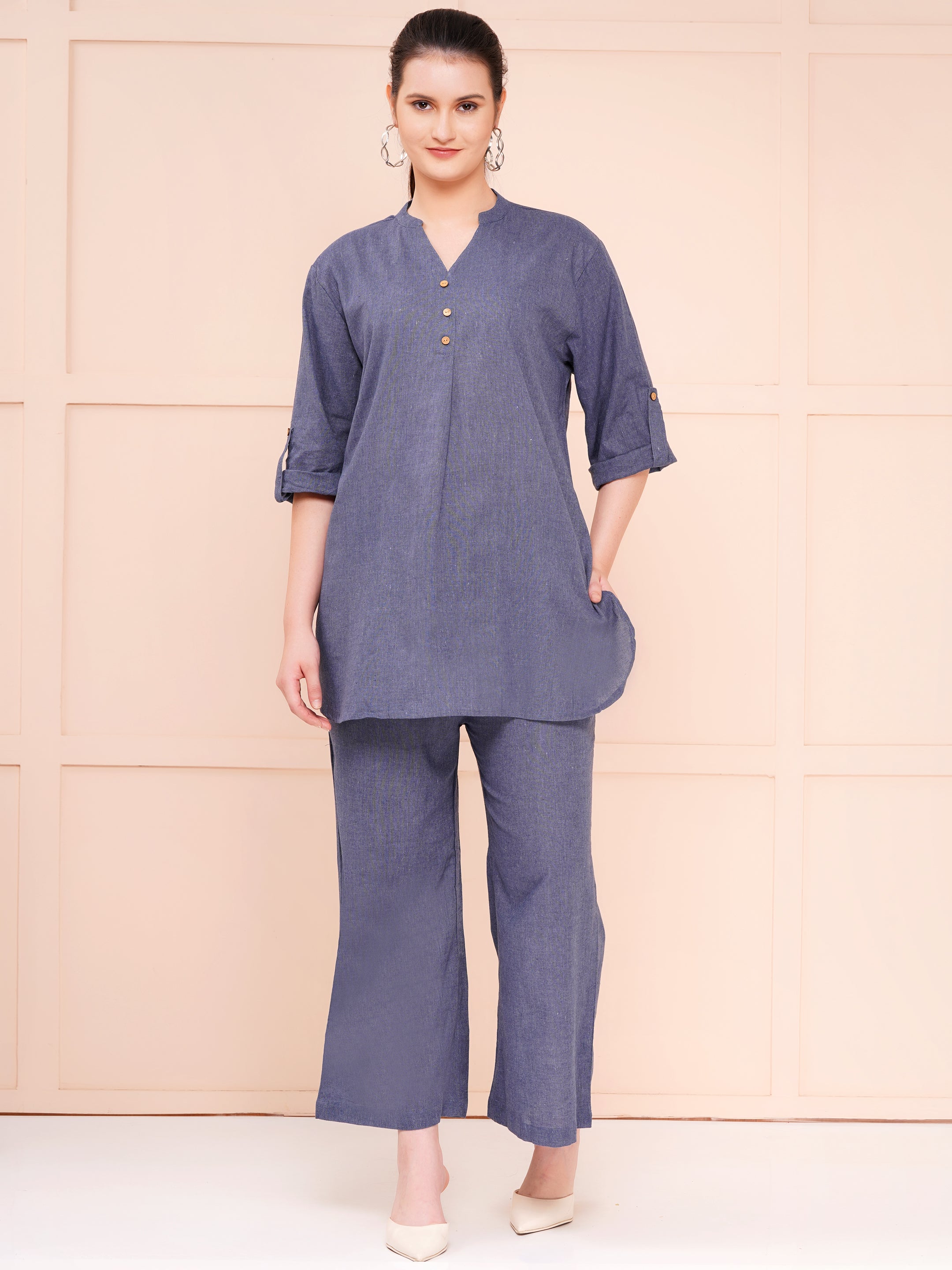 Mandarin collar cotton flax co-ord sets for women grey color