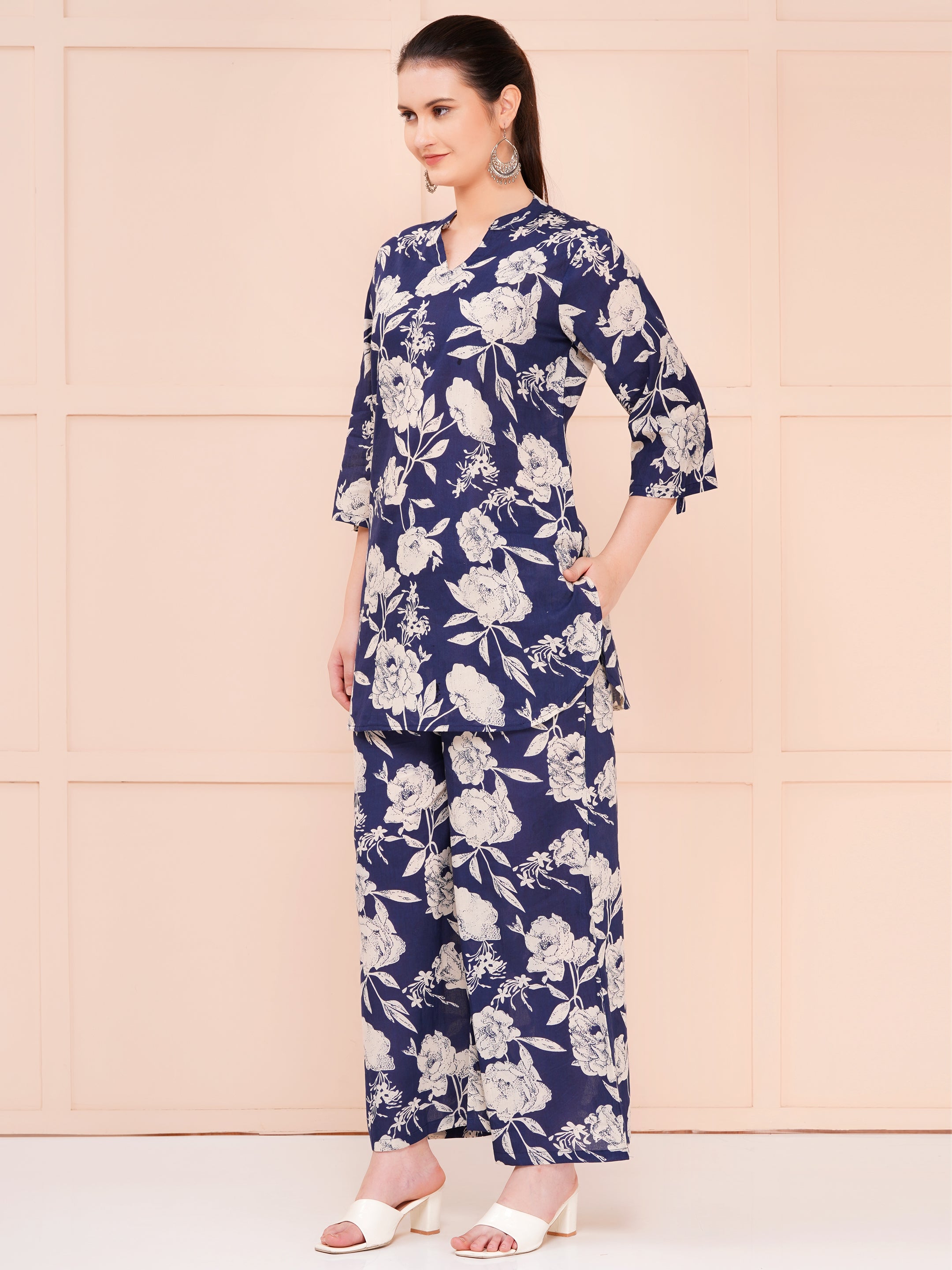 cotton printed co-ord set for woman indigo color