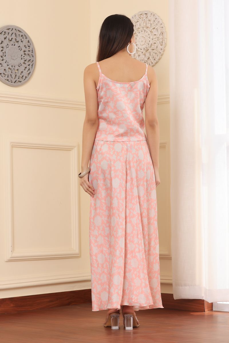 spaghetti top & wide flare bottom co-ord set for women flora print