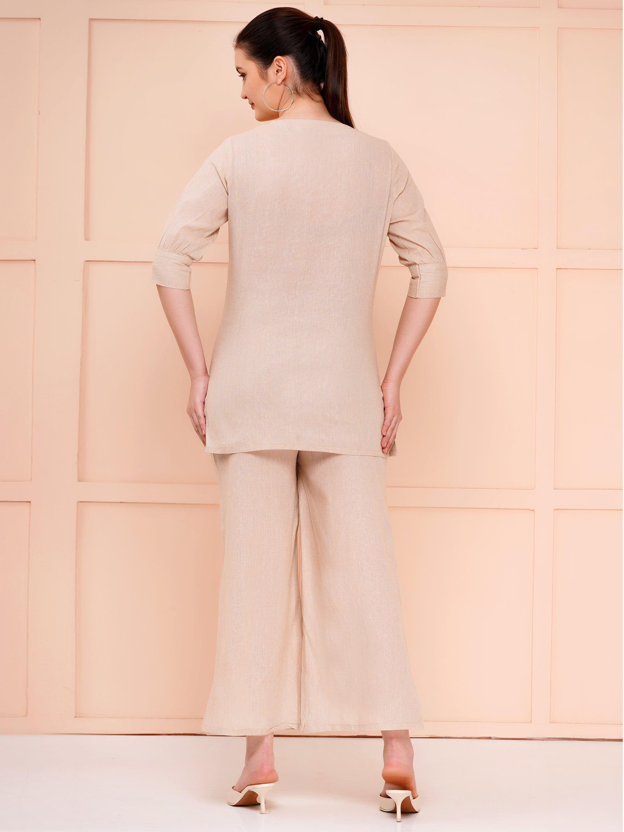 Taper slim fit khadi co-ord sets for women beige color