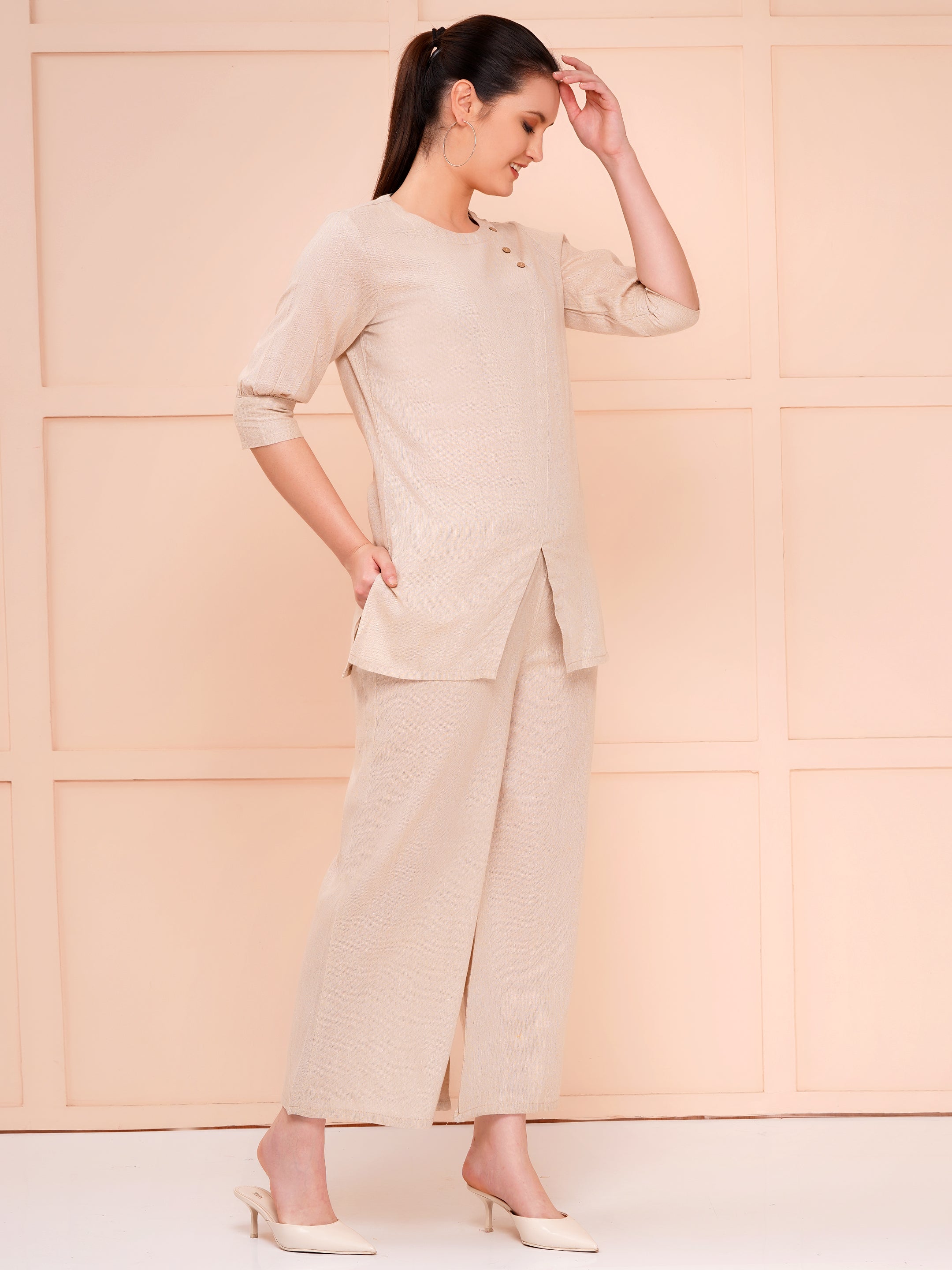 Taper slim fit khadi co-ord sets for women beige color