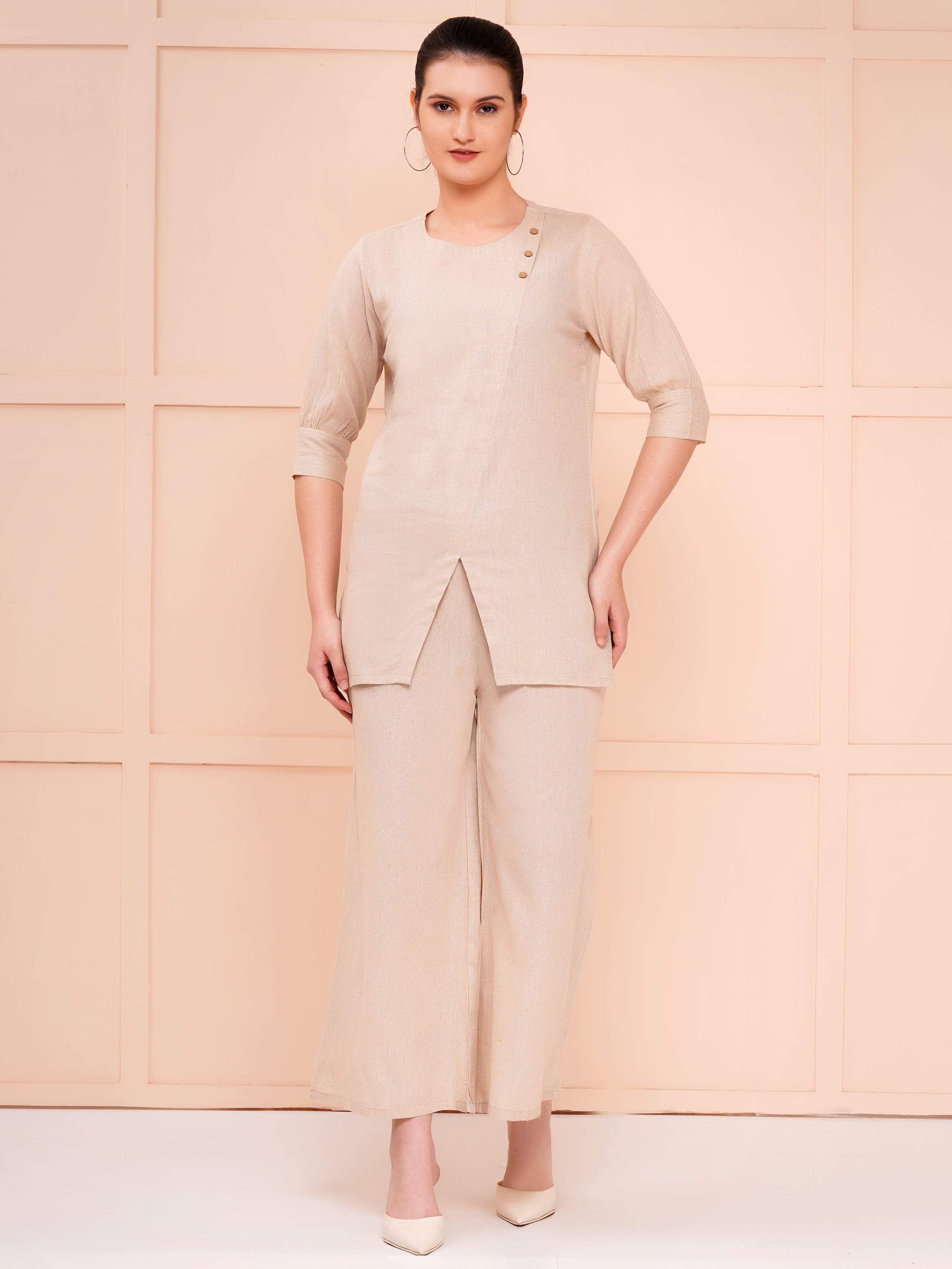 Taper slim fit khadi co-ord sets for women beige color