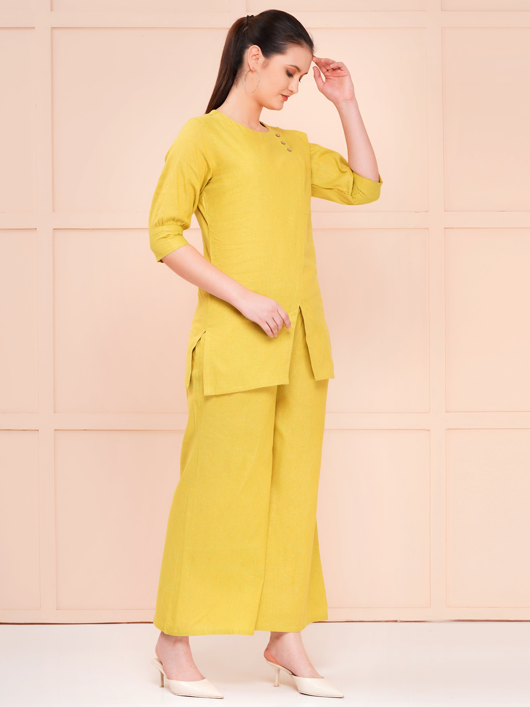 Taper slim fit khadi co-ord sets for women pistachio color