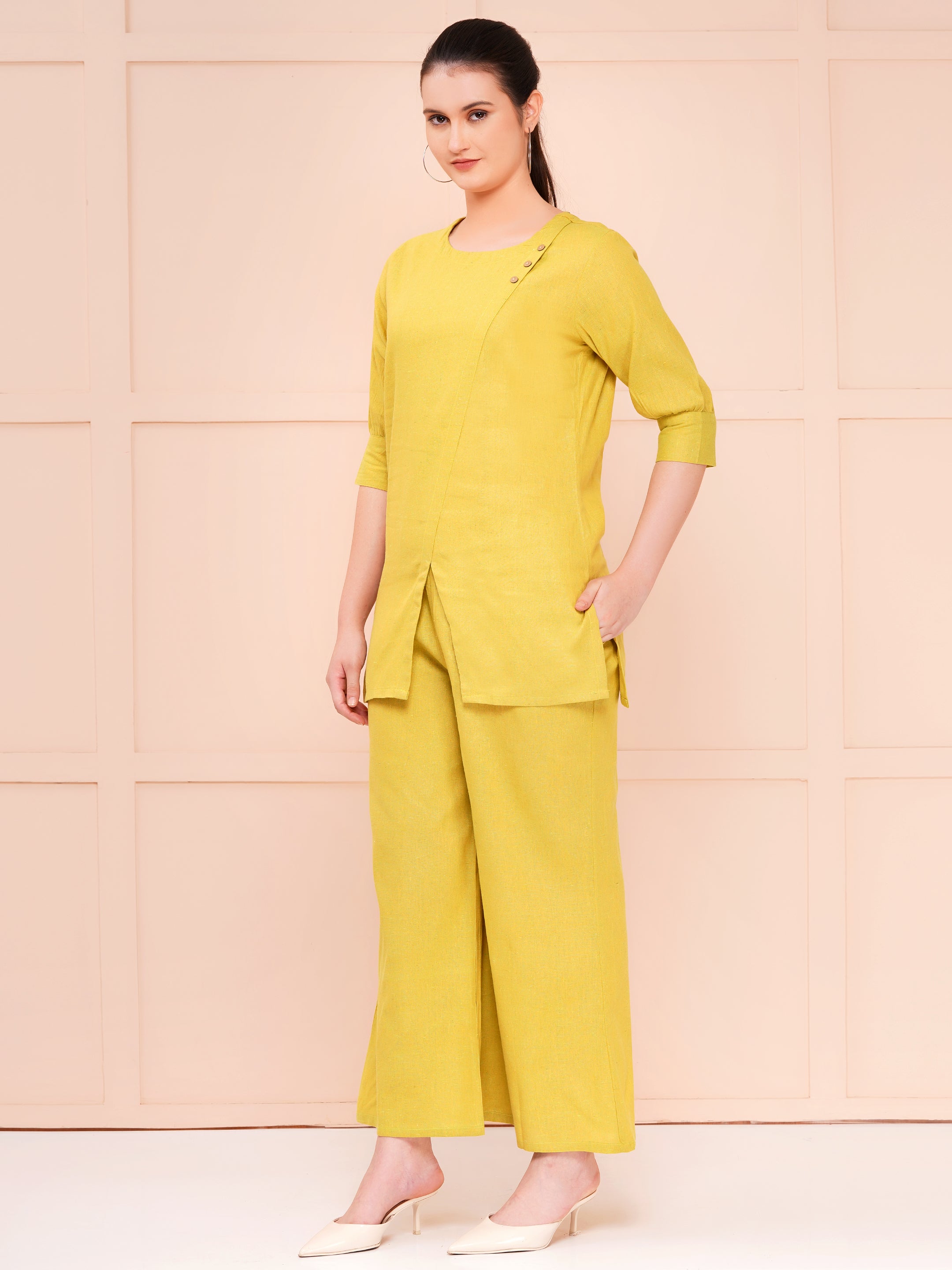 Taper slim fit khadi co-ord sets for women pistachio color
