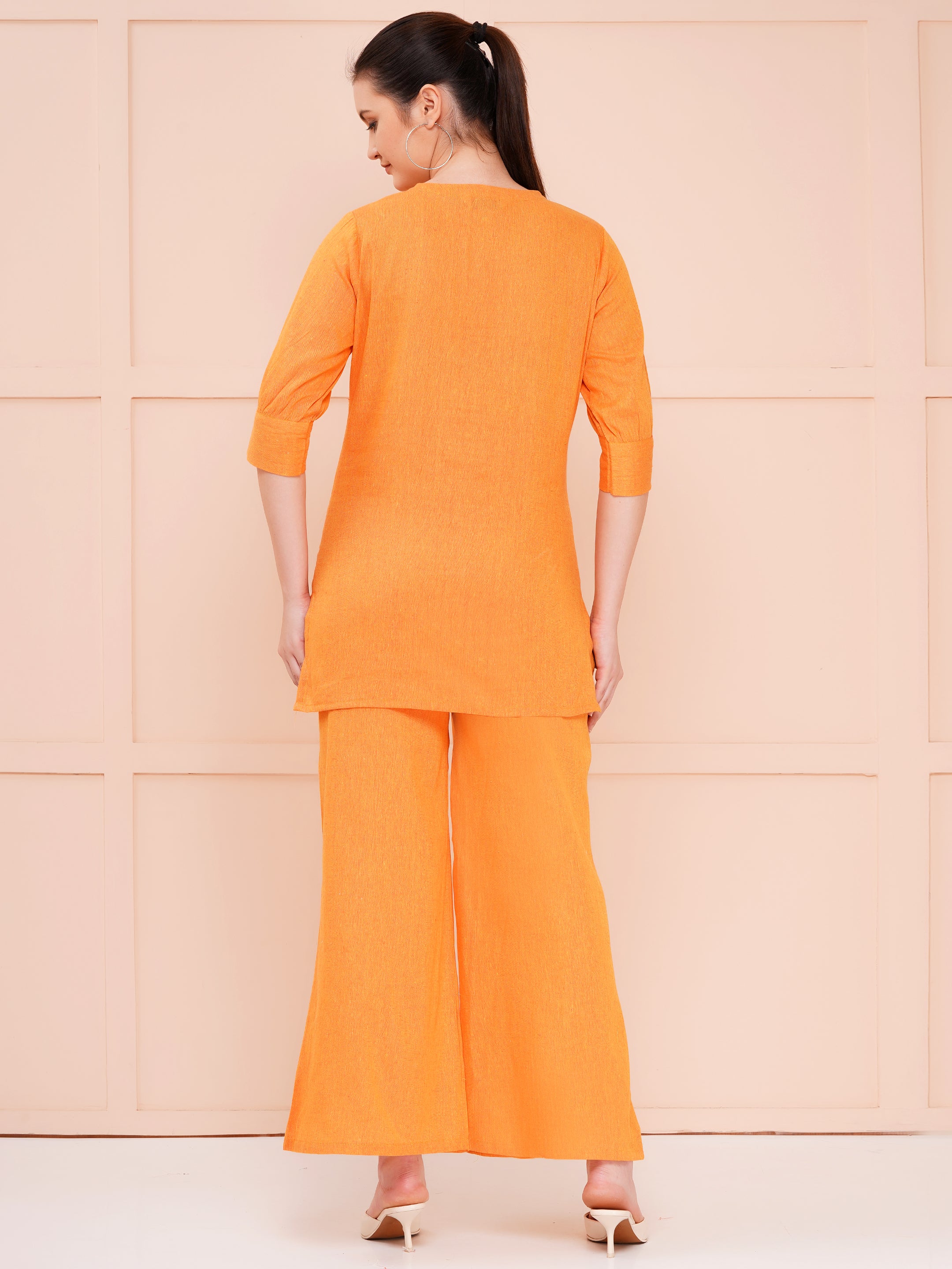 Taper slim fit khadi co-ord sets for woman orange color
