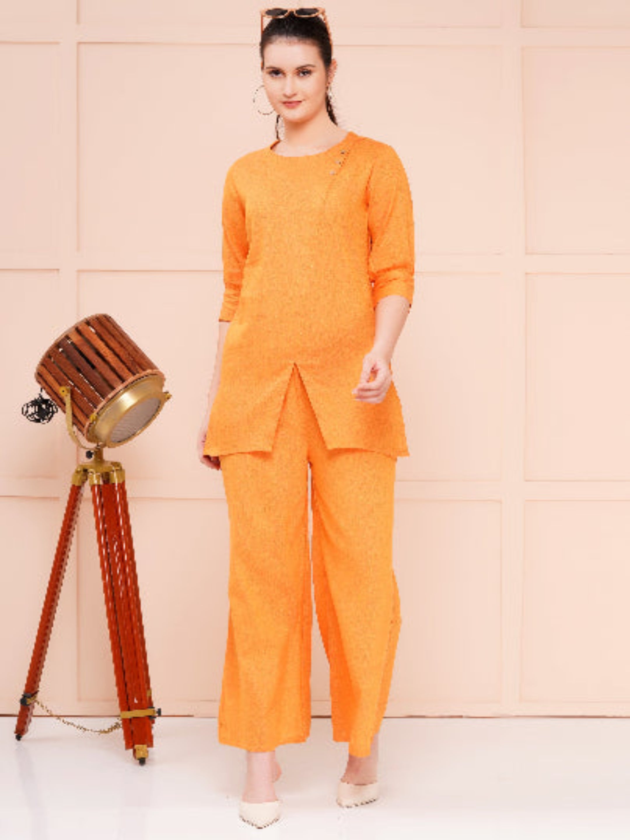 Taper slim fit khadi co-ord sets for woman orange color