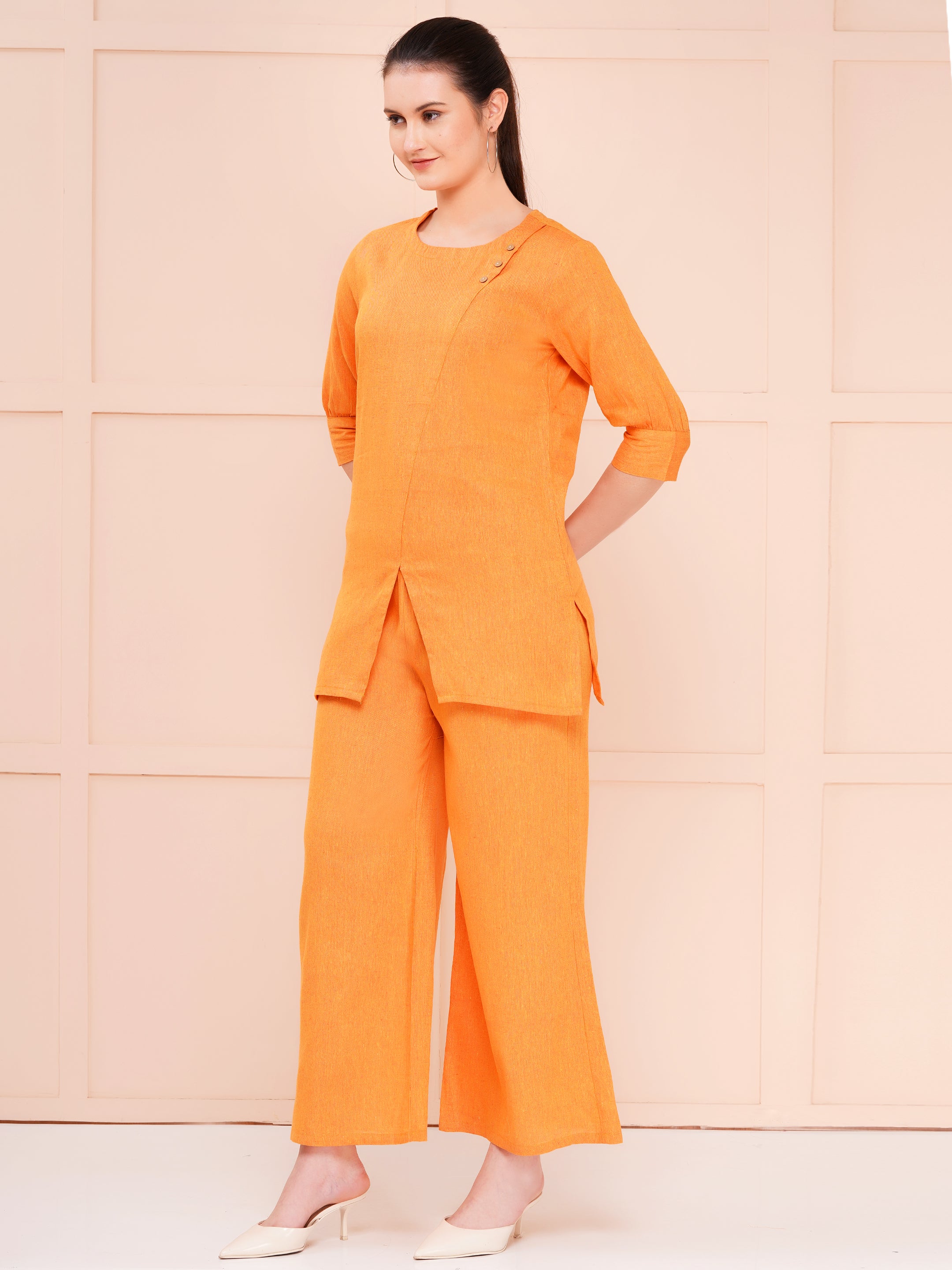 Taper slim fit khadi co-ord sets for woman orange color
