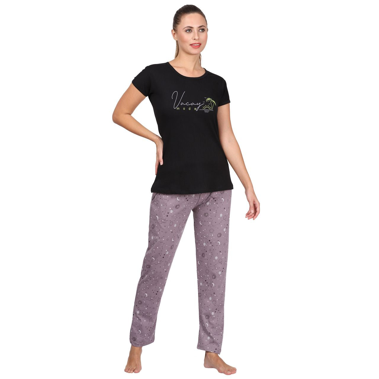 top and pajama set for women black-grey color