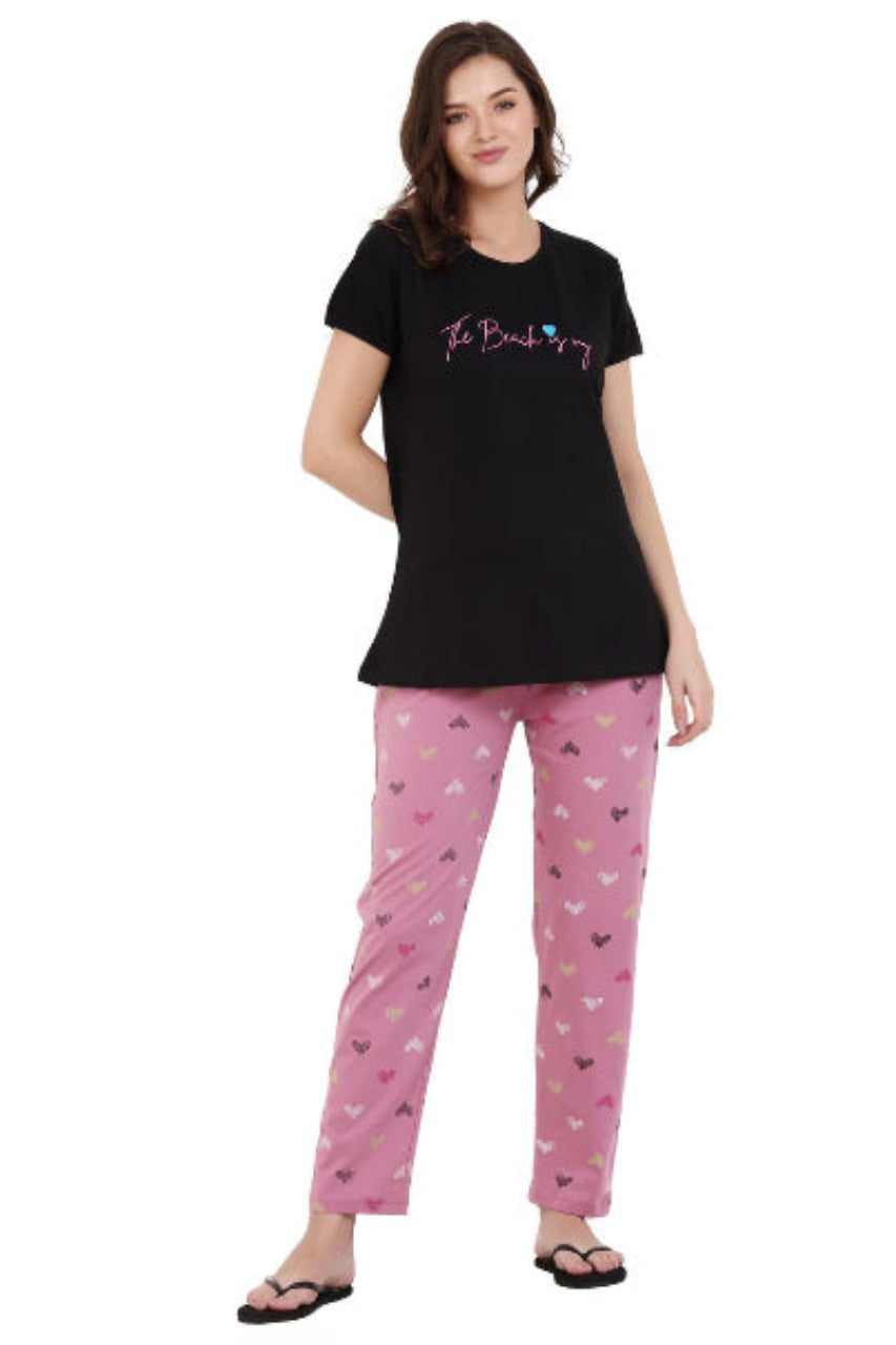 top and pajama set for women black & pink color