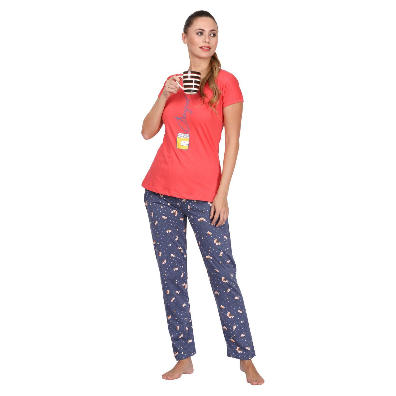 top and pajama set for women carrot red & blue color