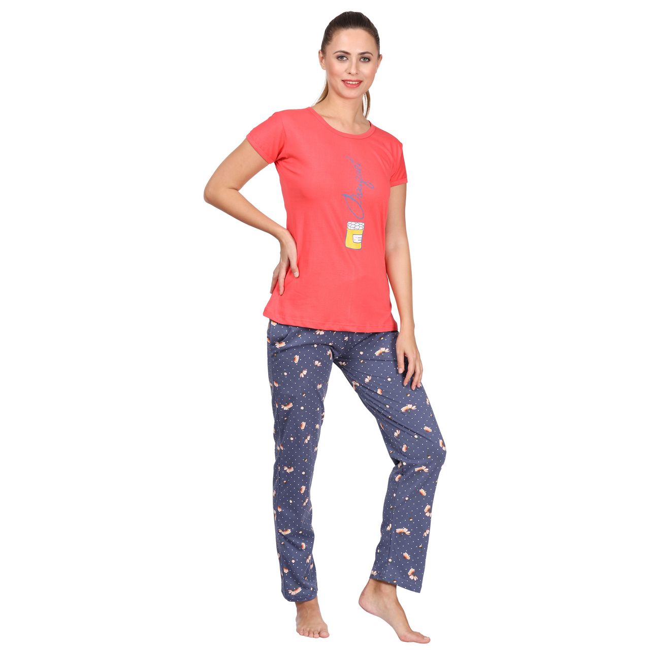 top and pajama set for women carrot red & blue color