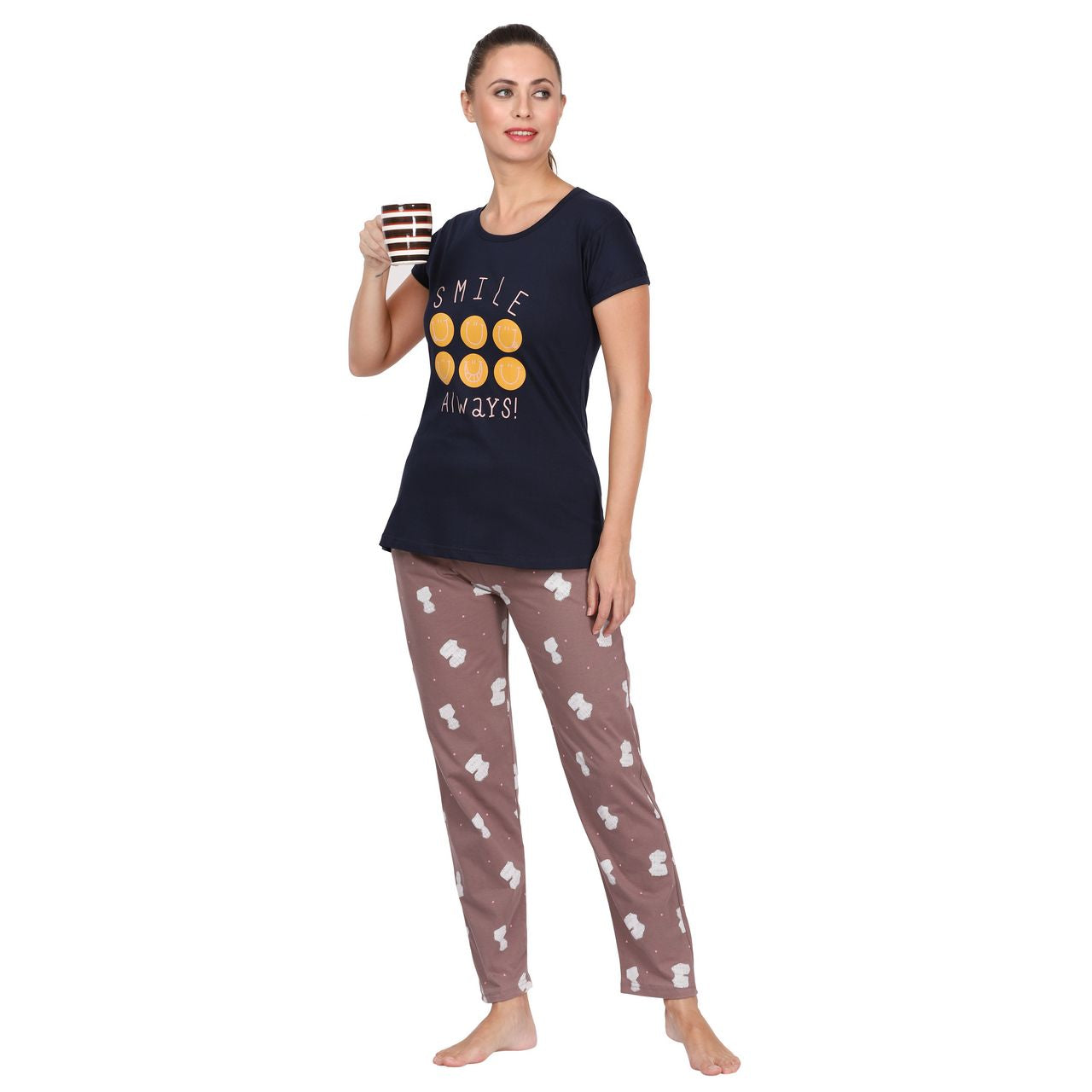 top and pajama set for women dark blue-brown color