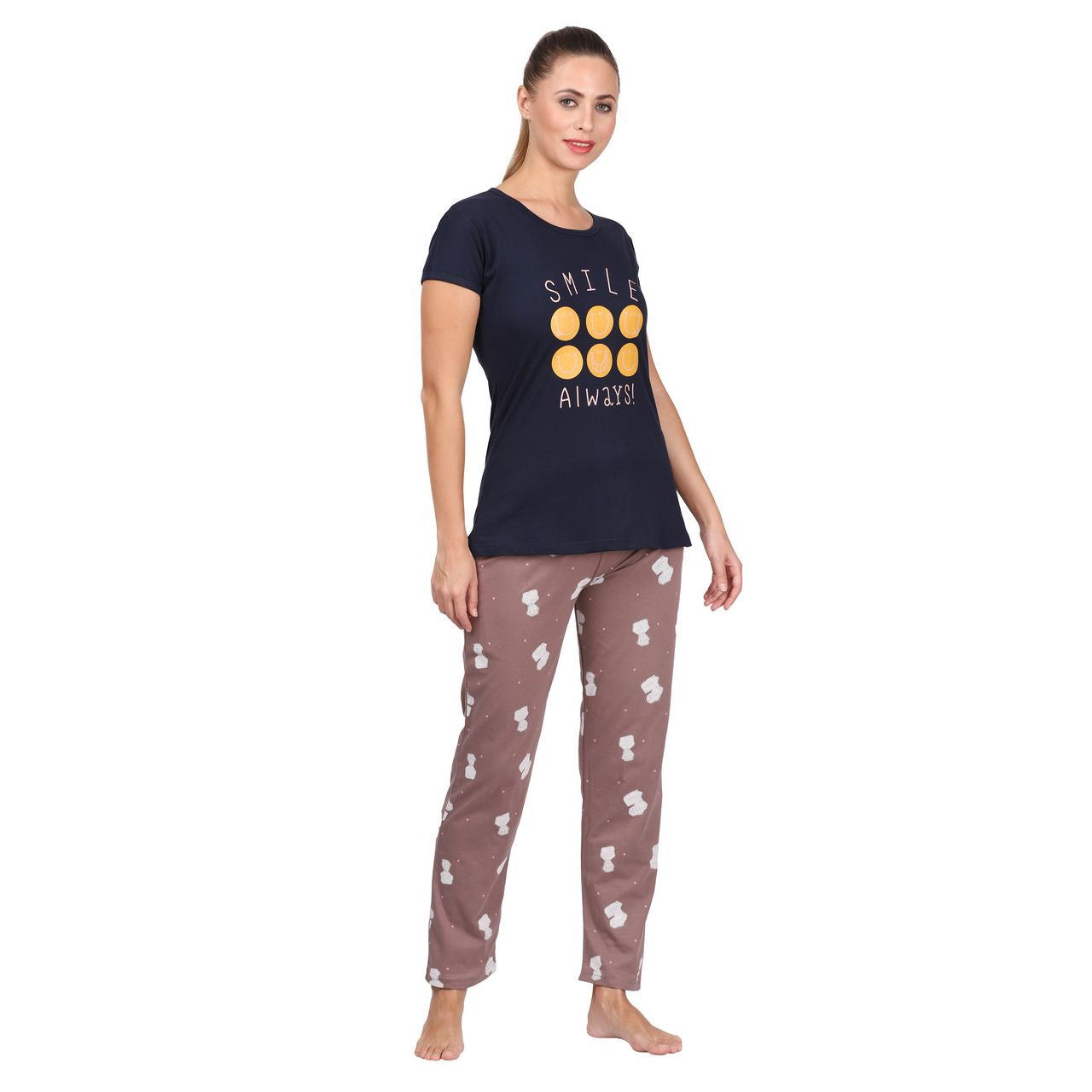 top and pajama set for women dark blue-brown color