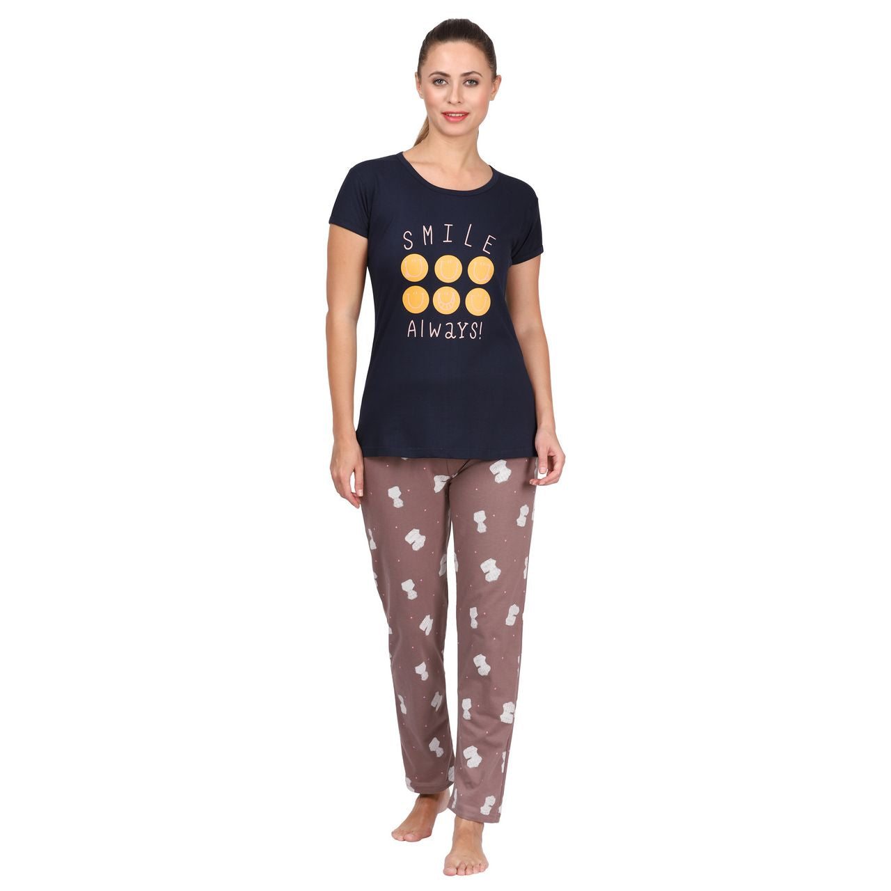 top and pajama set for women dark blue-brown color