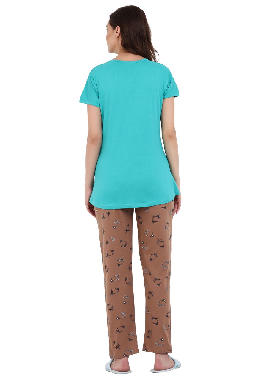 top and pajama set for women green & brown color