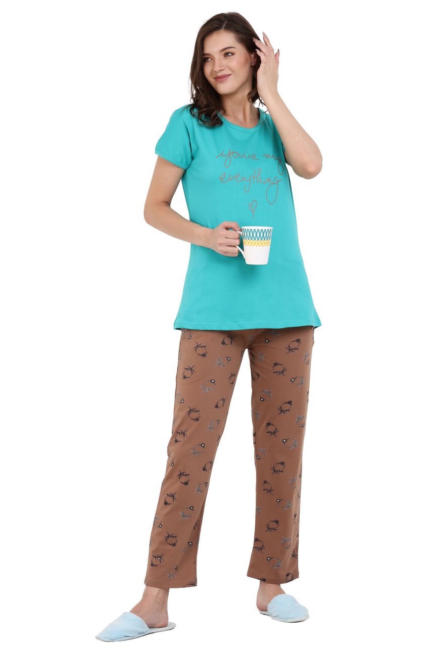 top and pajama set for women green & brown color